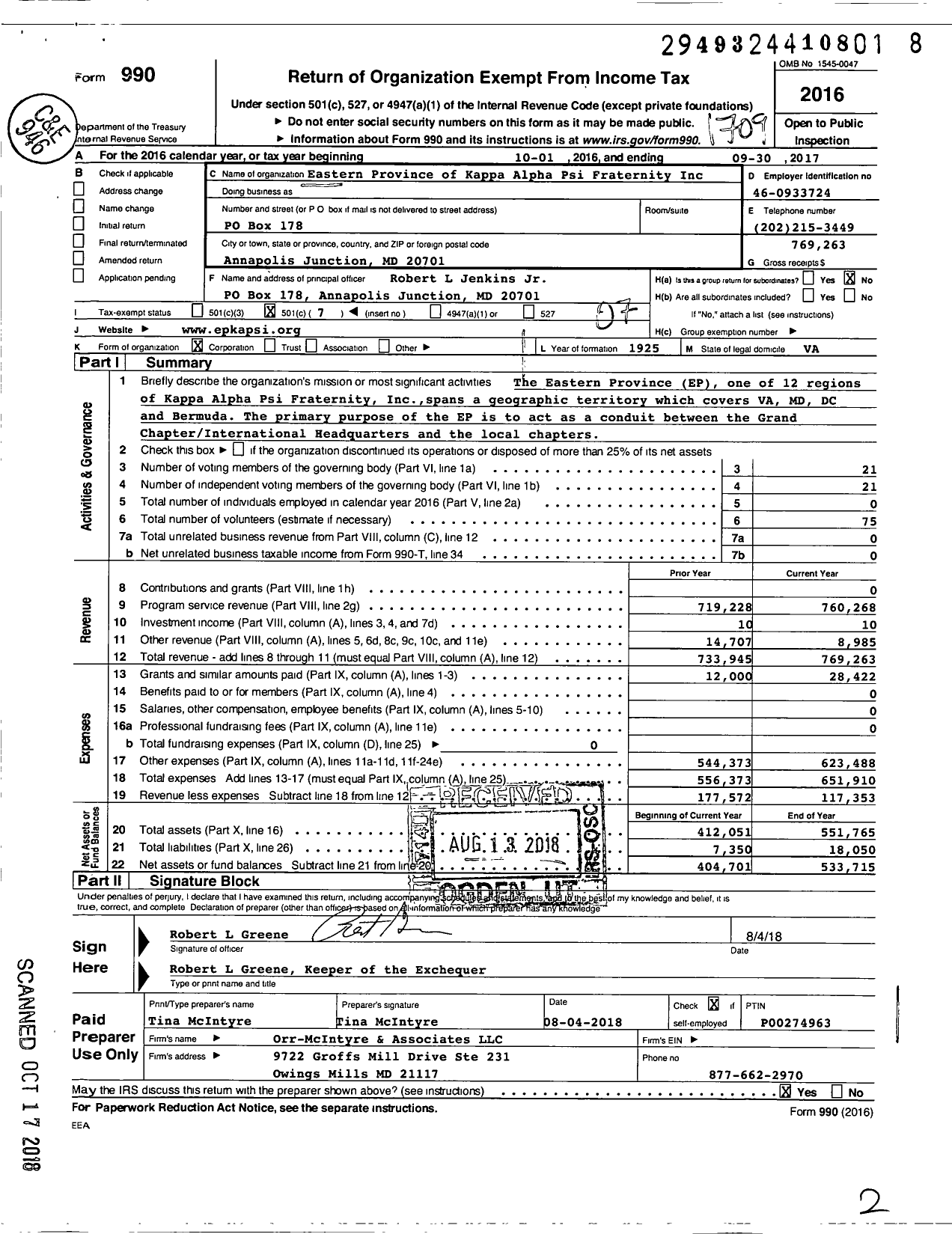 Image of first page of 2016 Form 990O for Eastern Province of Kappa Alpha Psi Fraternity