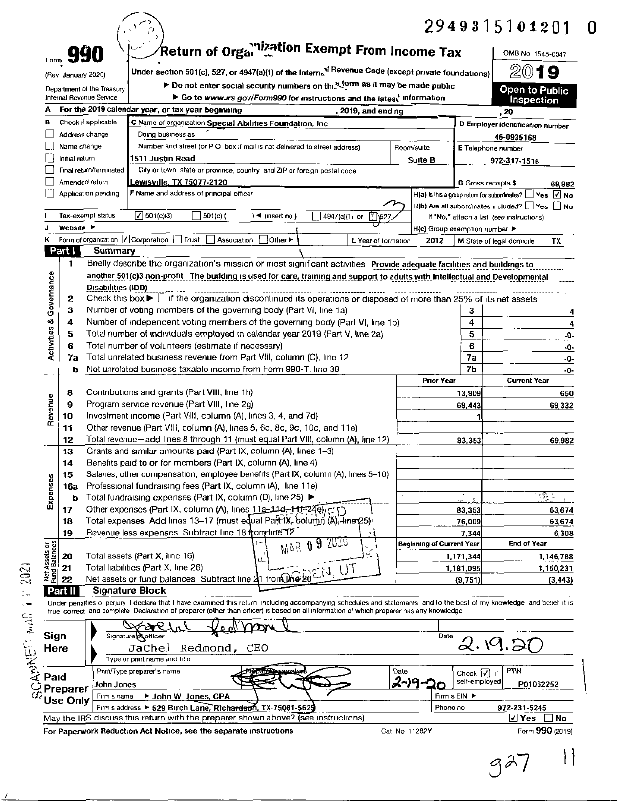 Image of first page of 2019 Form 990 for Special Abilities Foundation