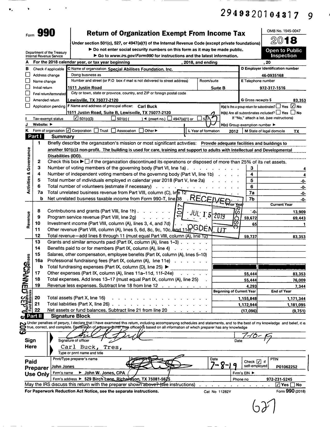 Image of first page of 2018 Form 990 for Special Abilities Foundation