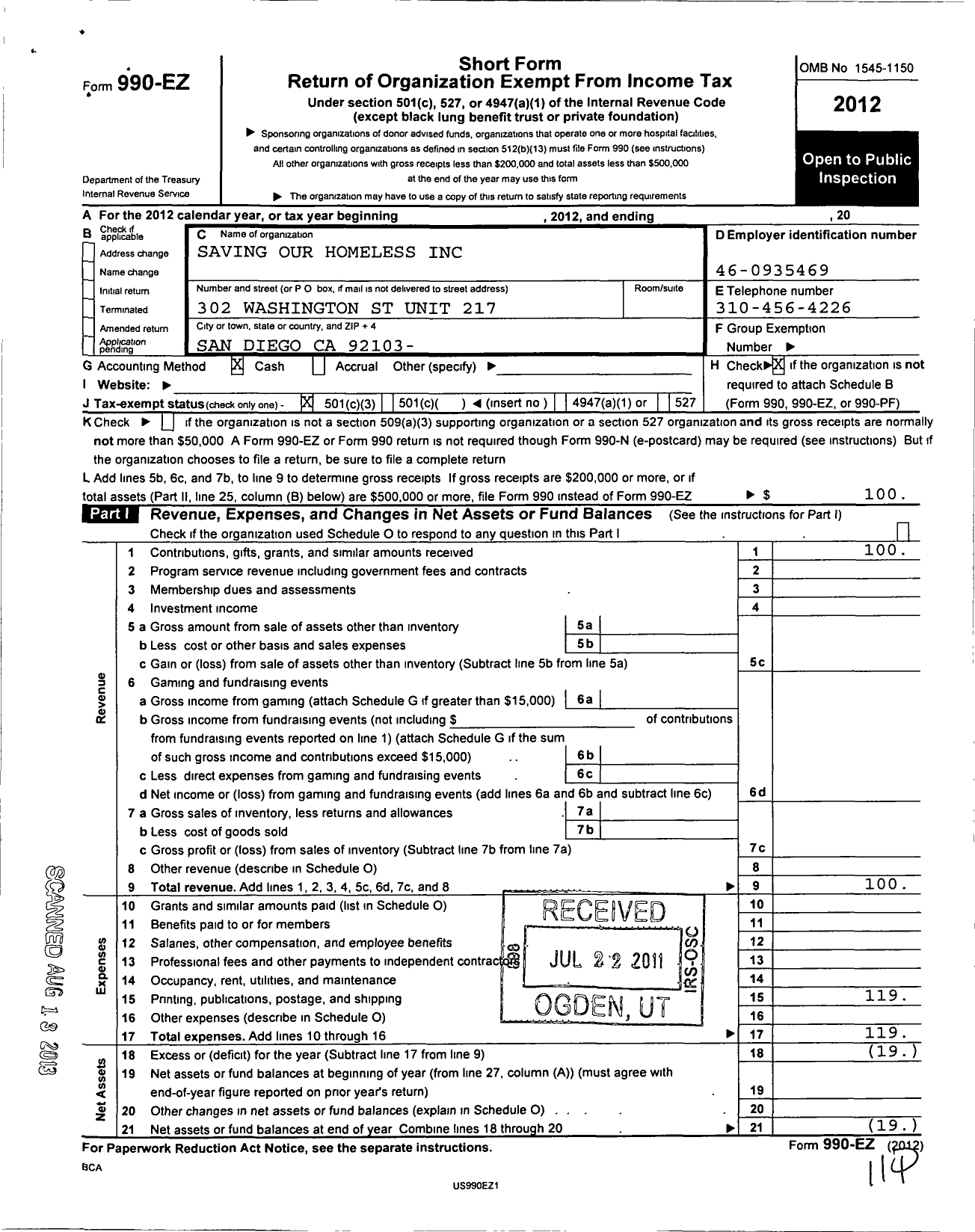 Image of first page of 2012 Form 990EZ for Saving Our Homeless