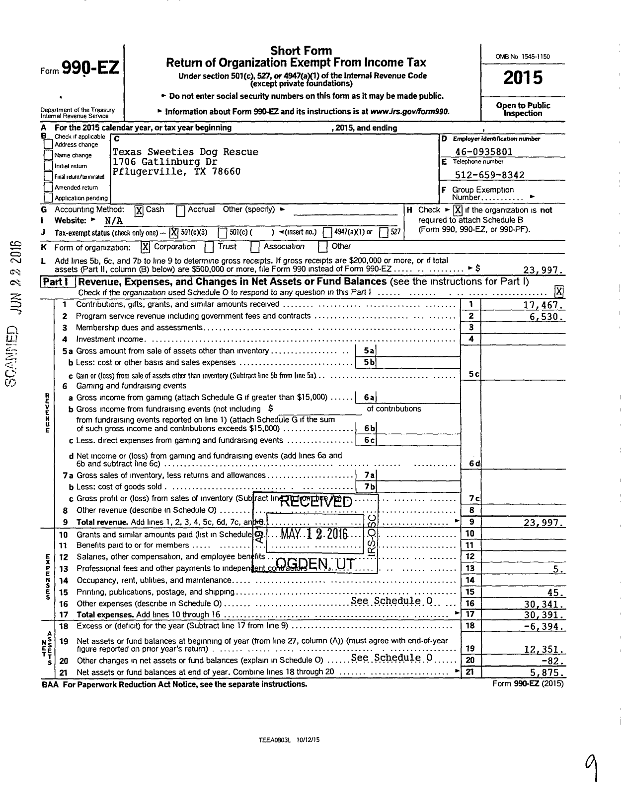 Image of first page of 2015 Form 990EZ for Texas Sweeties Dog Rescue
