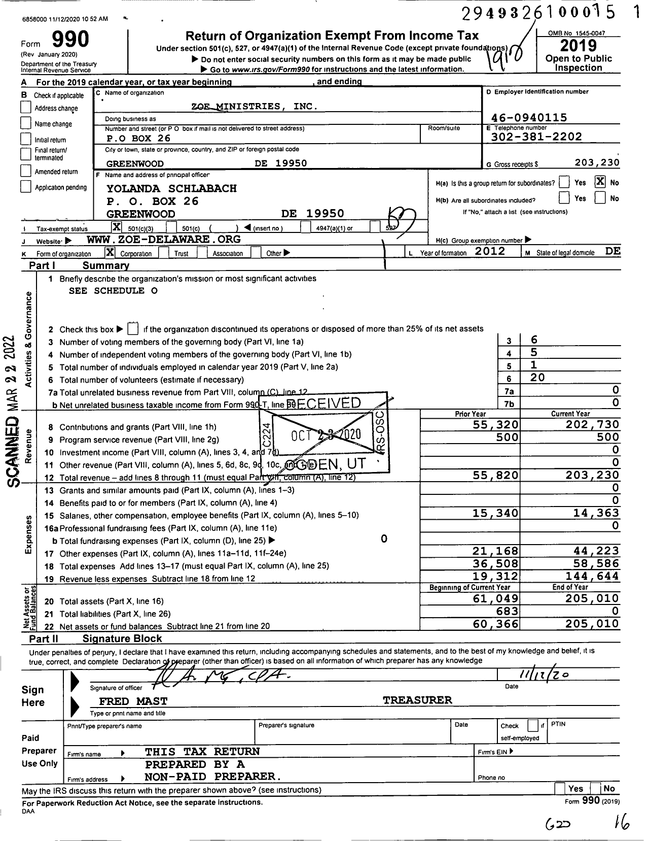 Image of first page of 2019 Form 990 for Zoe Ministries