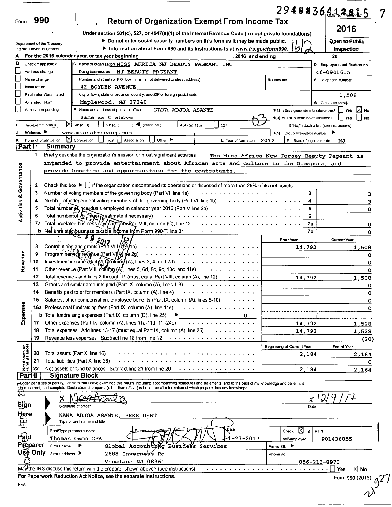 Image of first page of 2016 Form 990 for Miss Africa NJ Beauty Pageant