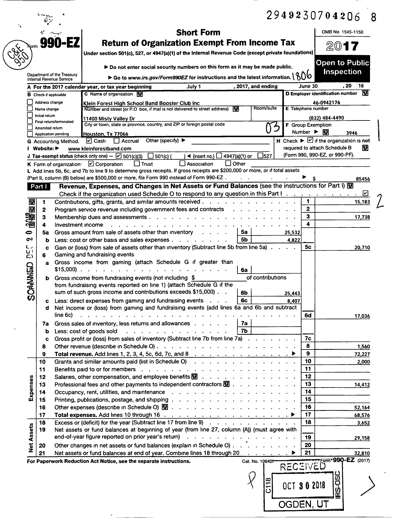 Image of first page of 2017 Form 990EZ for Klein Support Groups / Klein Forest HS Band Booster Club