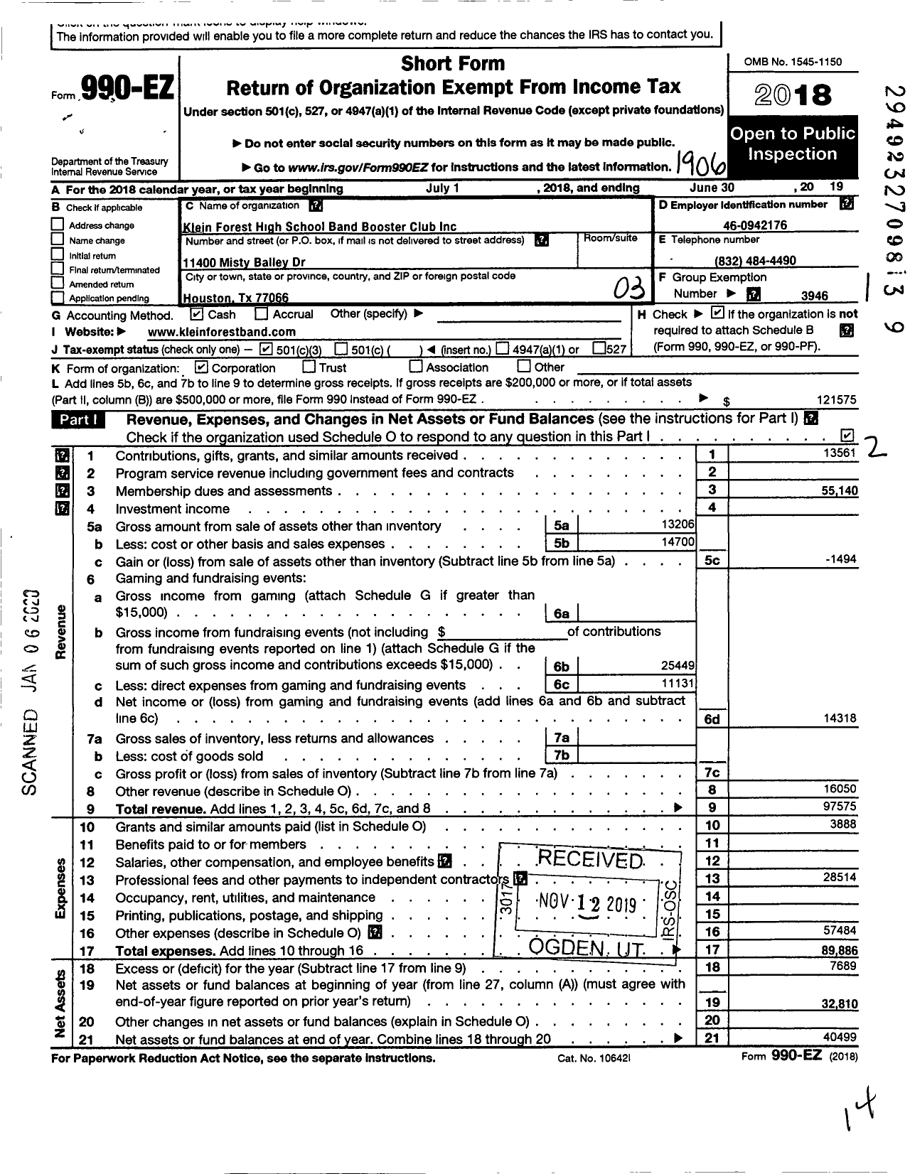 Image of first page of 2018 Form 990EZ for Klein Support Groups / Klein Forest HS Band Booster Club