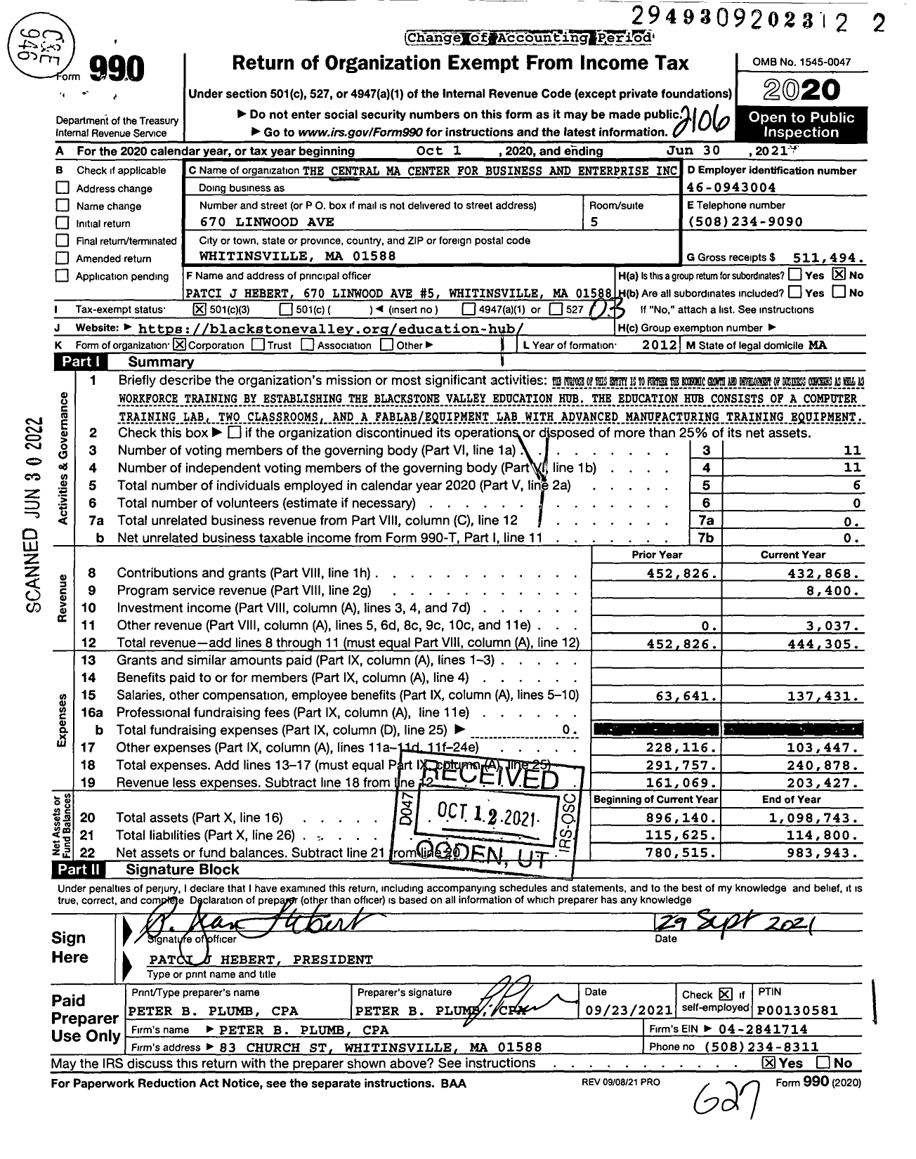 Image of first page of 2020 Form 990 for Blackstone Valley Hub for Workforce Development