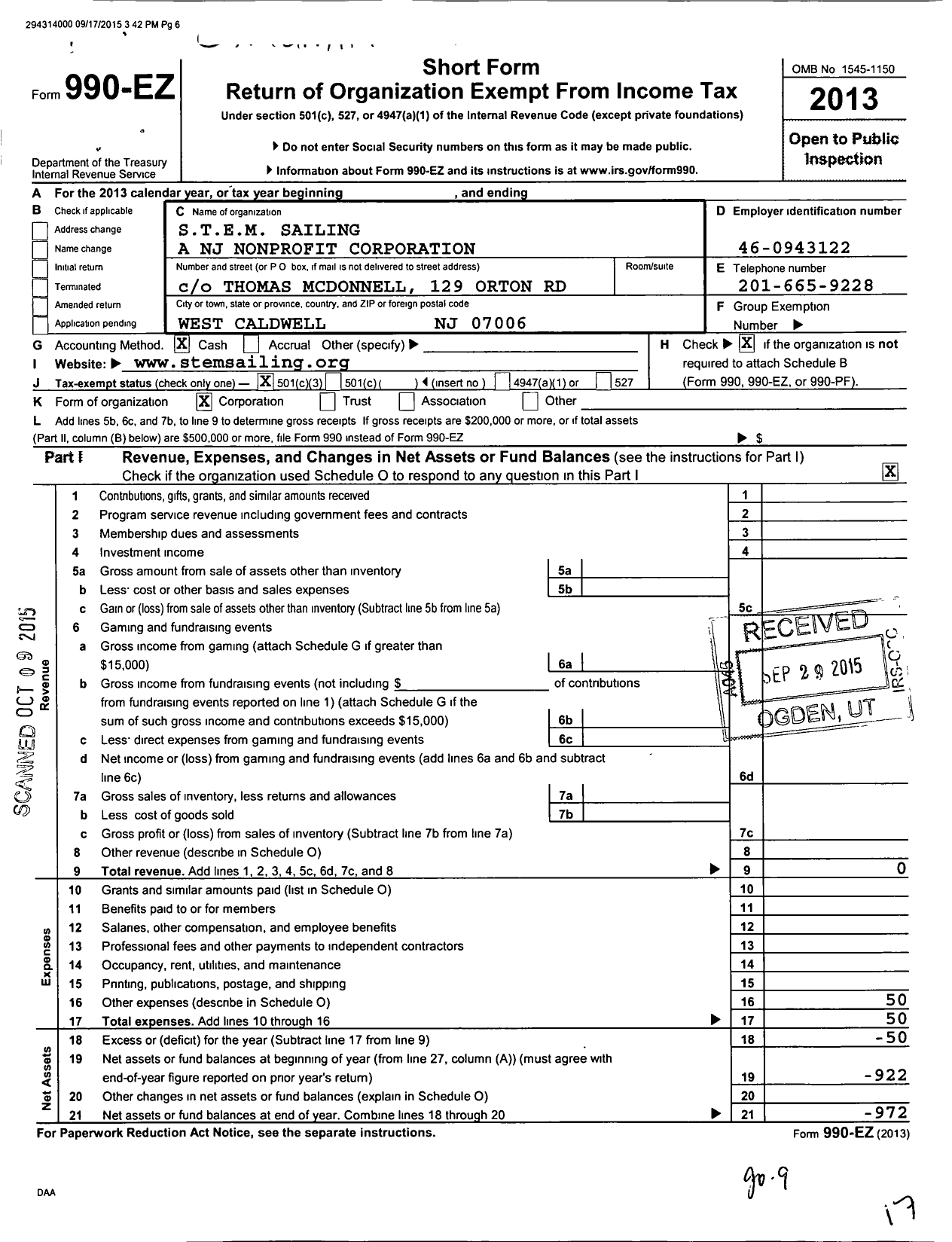 Image of first page of 2013 Form 990EZ for Stem Sailing A NJ Nonprofit Corporation