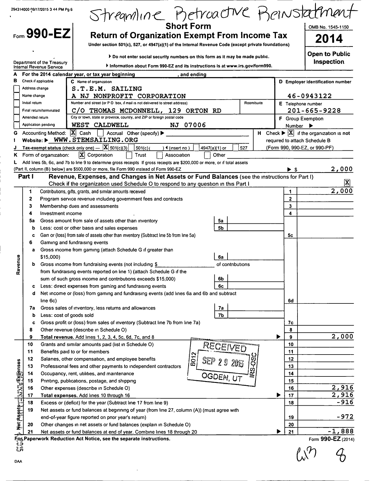 Image of first page of 2014 Form 990EZ for Stem Sailing A NJ Nonprofit Corporation