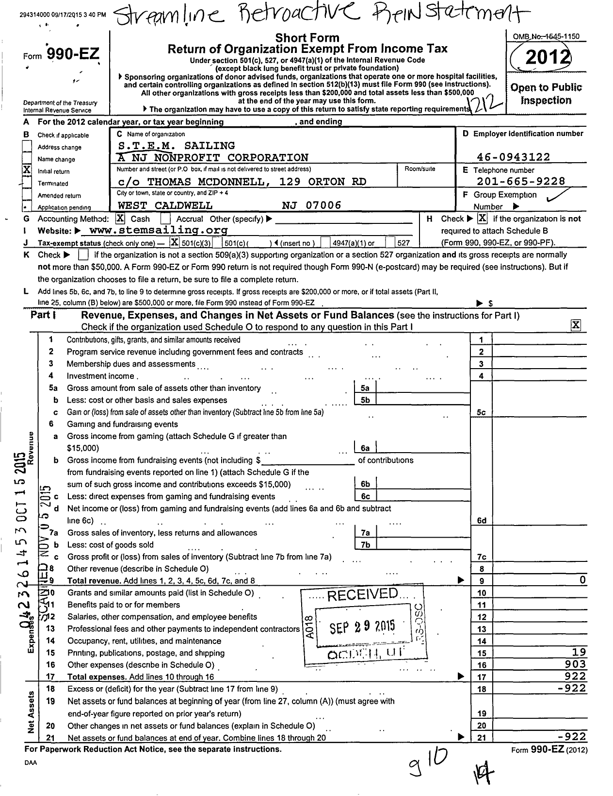 Image of first page of 2012 Form 990EZ for Stem Sailing A NJ Nonprofit Corporation