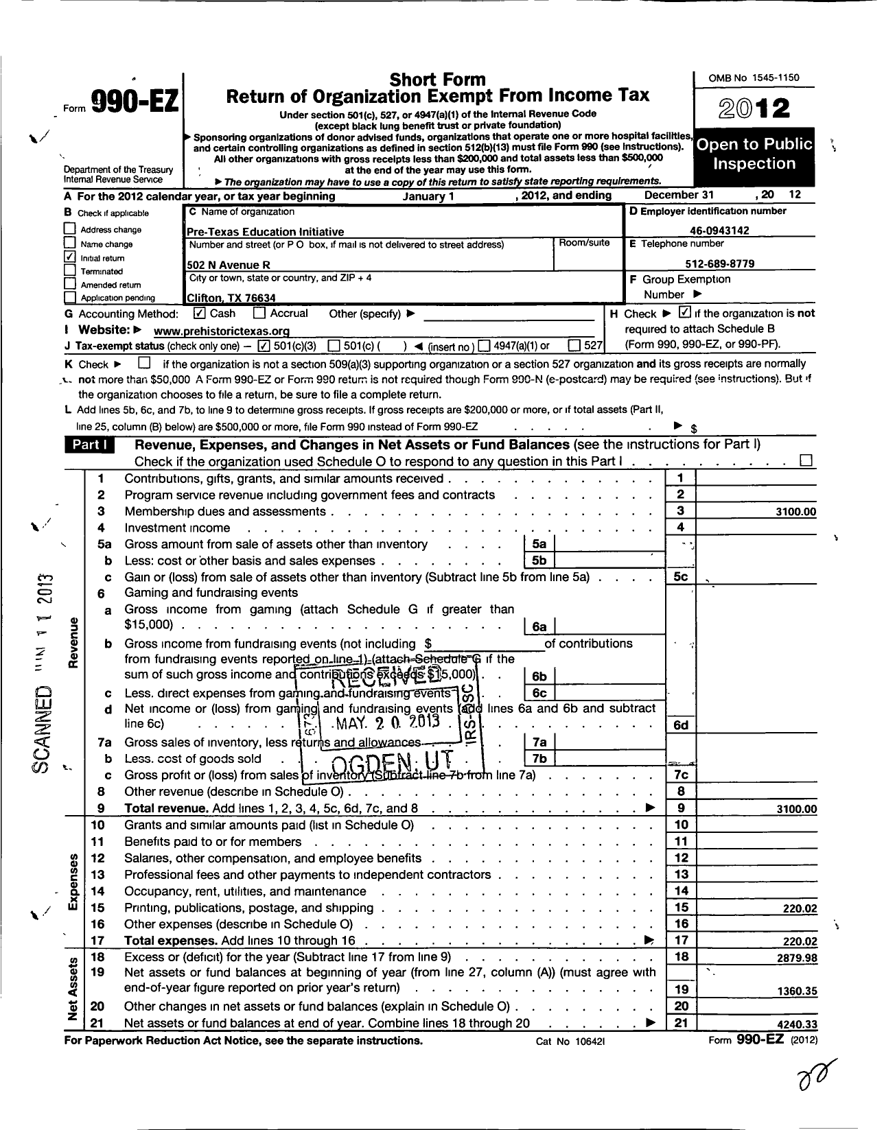 Image of first page of 2012 Form 990EZ for Pre-Texas Education Initiative