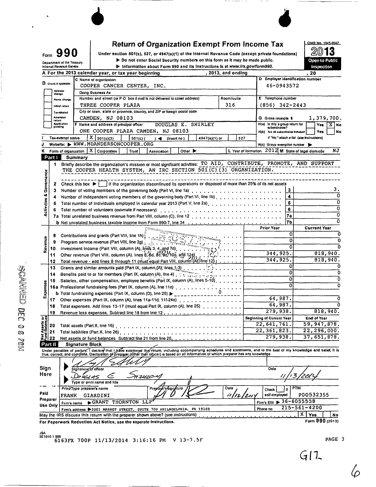Image of first page of 2013 Form 990 for Cooper Cancer Center