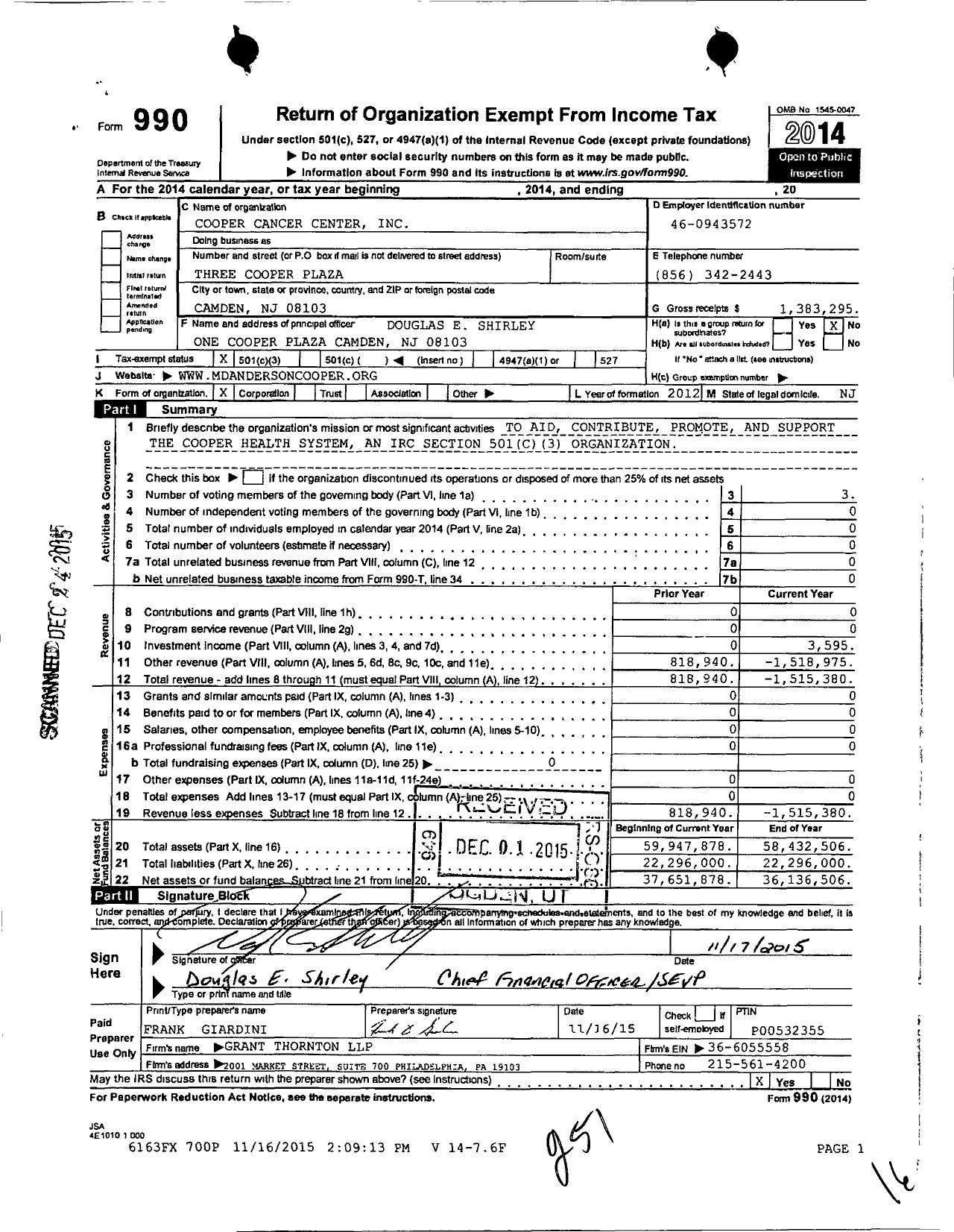 Image of first page of 2014 Form 990 for Cooper Cancer Center