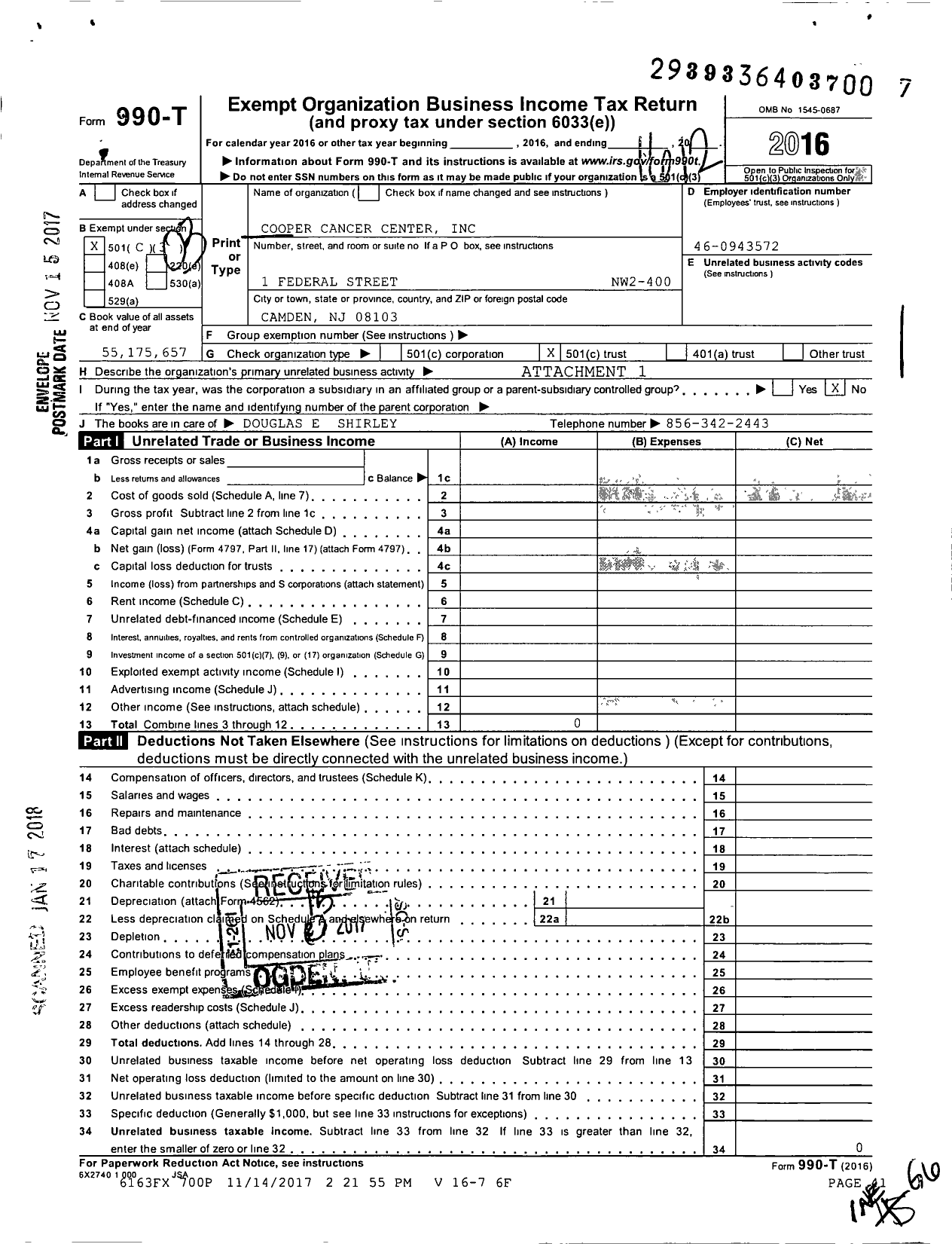 Image of first page of 2016 Form 990T for Cooper Cancer Center