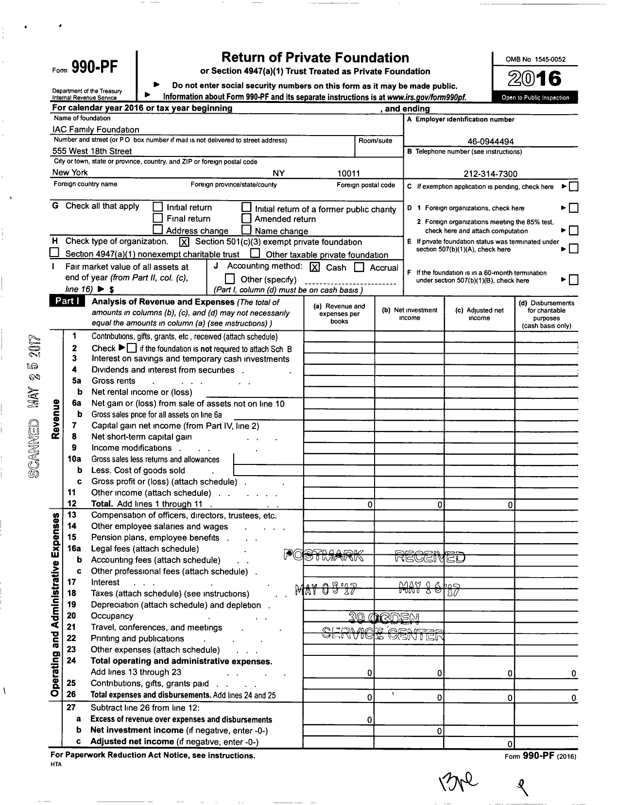 Image of first page of 2016 Form 990PF for Iac Family Foundation