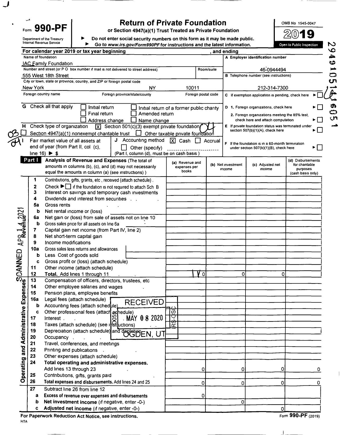 Image of first page of 2019 Form 990PF for Iac Family Foundation