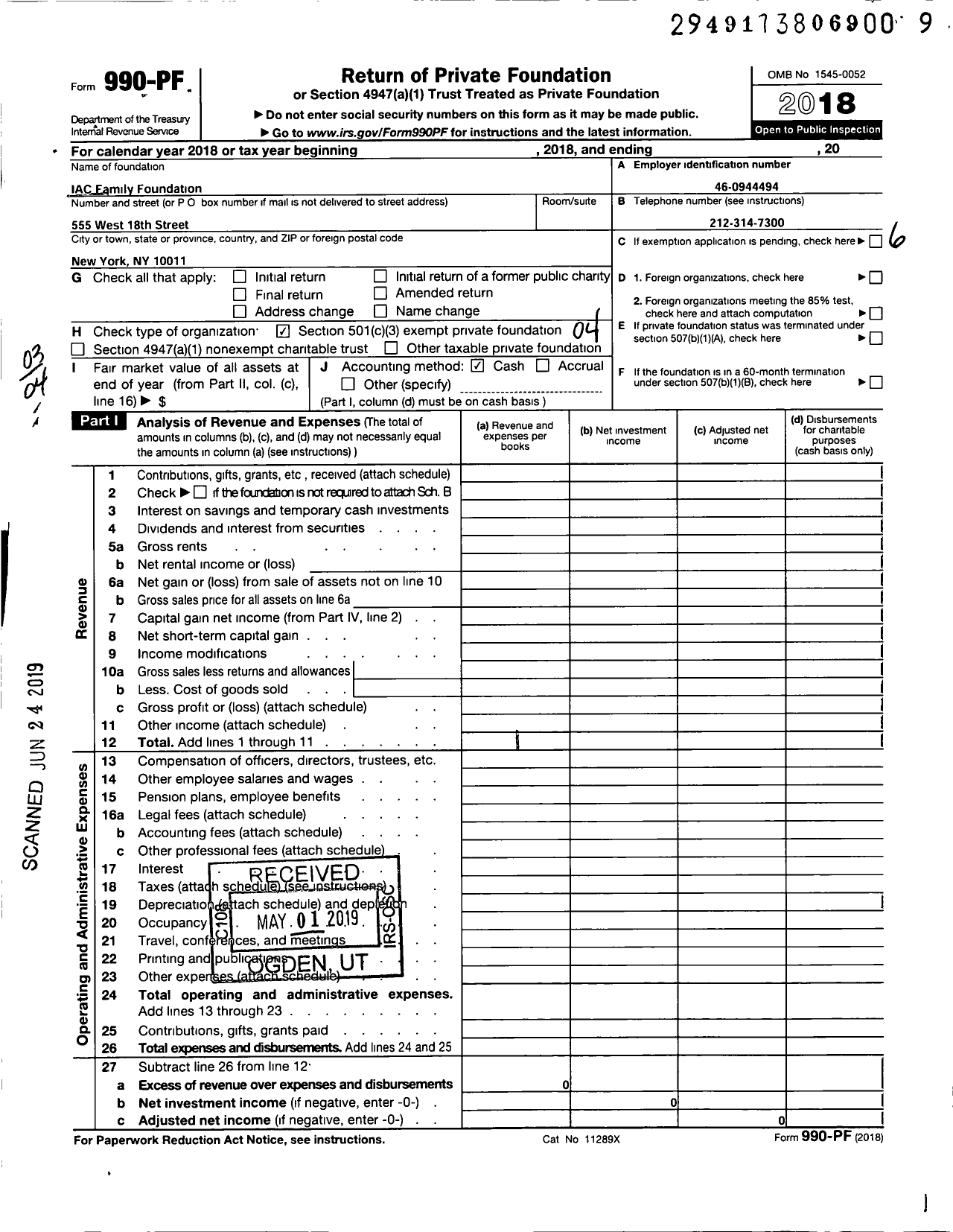 Image of first page of 2018 Form 990PF for Iac Family Foundation