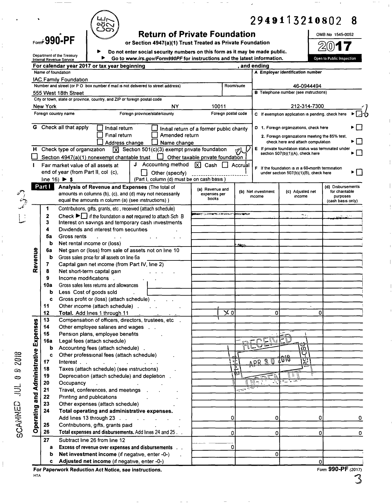 Image of first page of 2017 Form 990PF for Iac Family Foundation