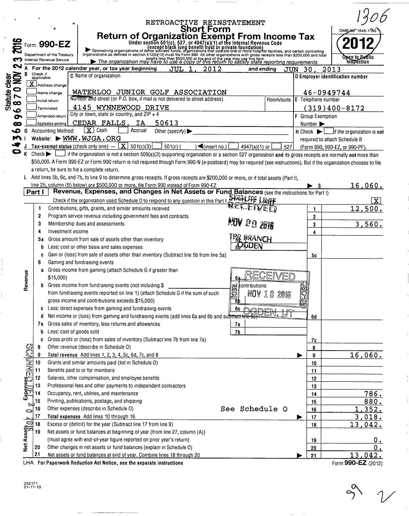 Image of first page of 2012 Form 990EZ for Waterloo Junior Golf Association