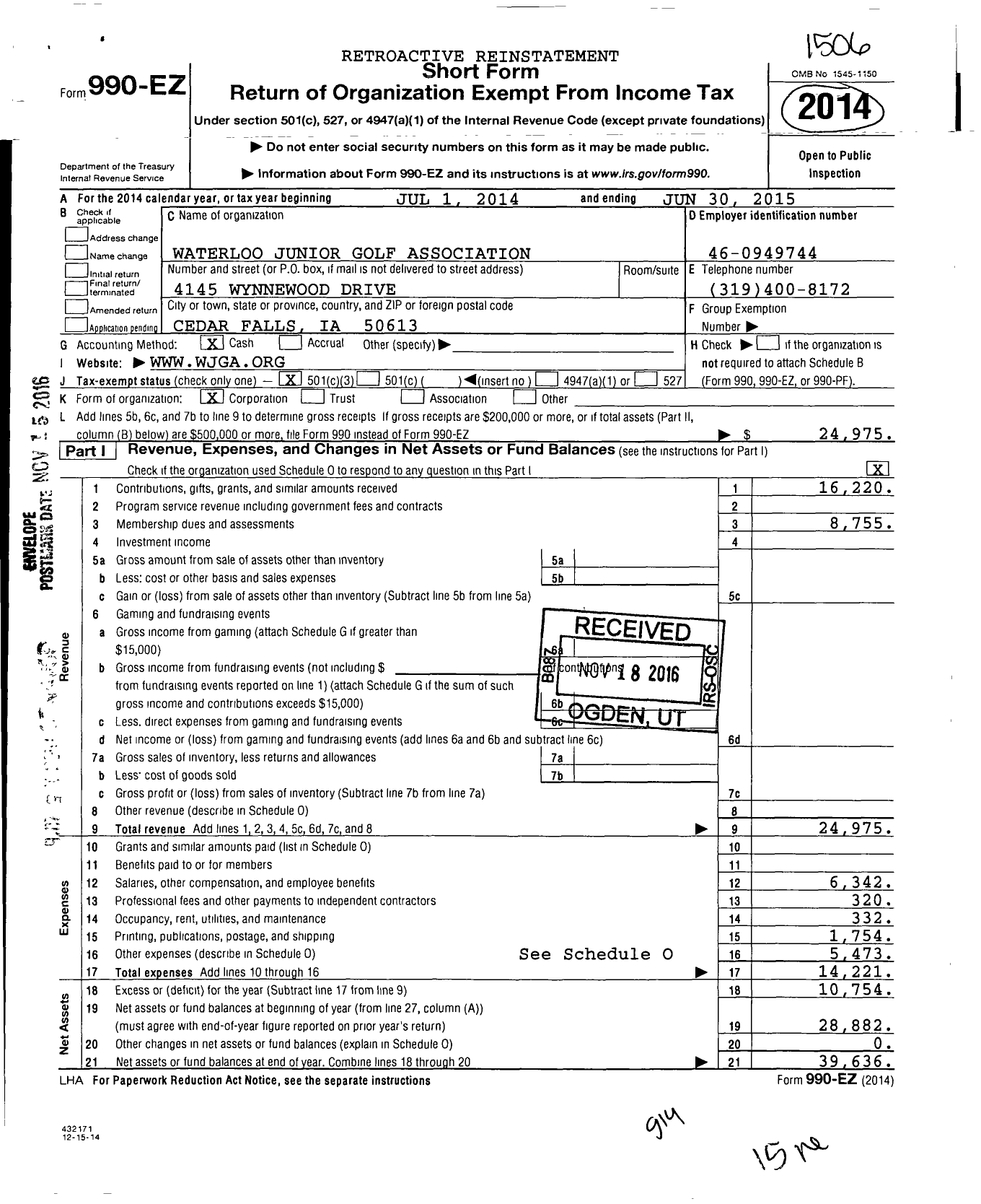 Image of first page of 2014 Form 990EZ for Waterloo Junior Golf Association