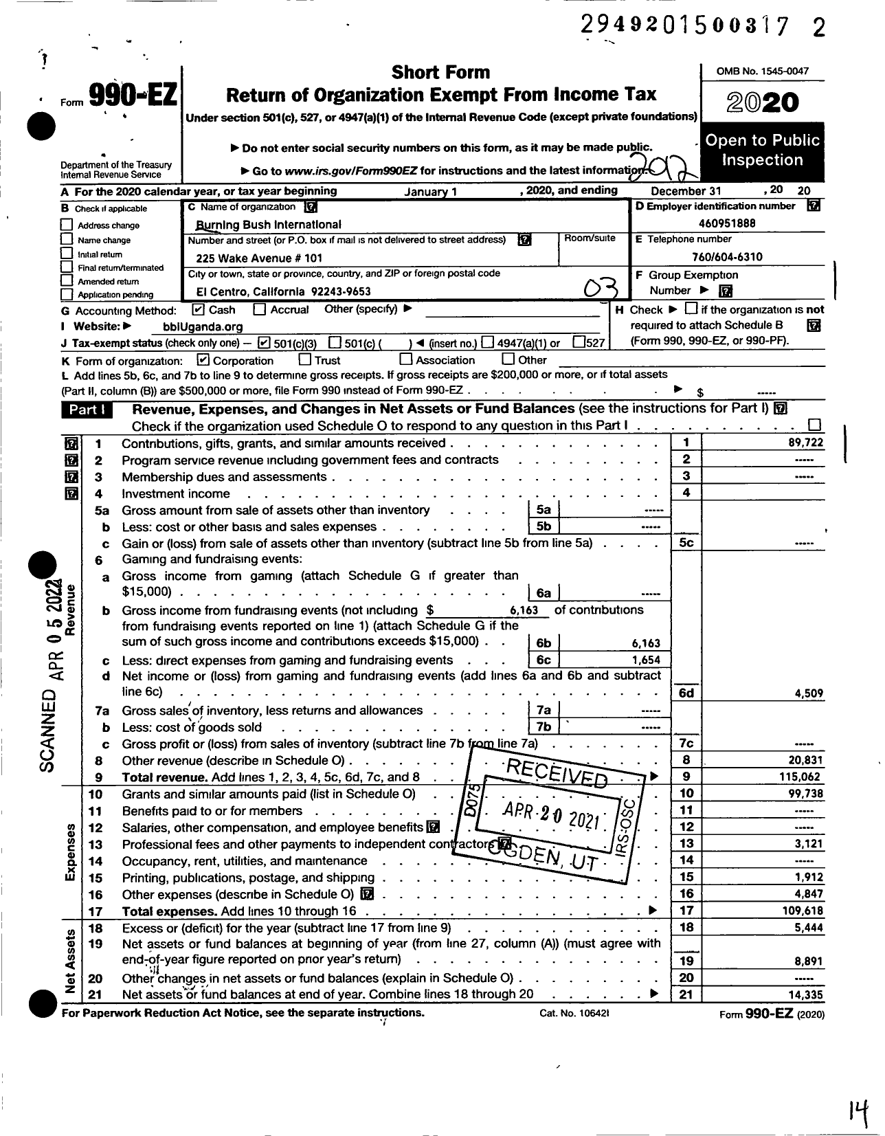 Image of first page of 2020 Form 990EZ for Burning Bush International