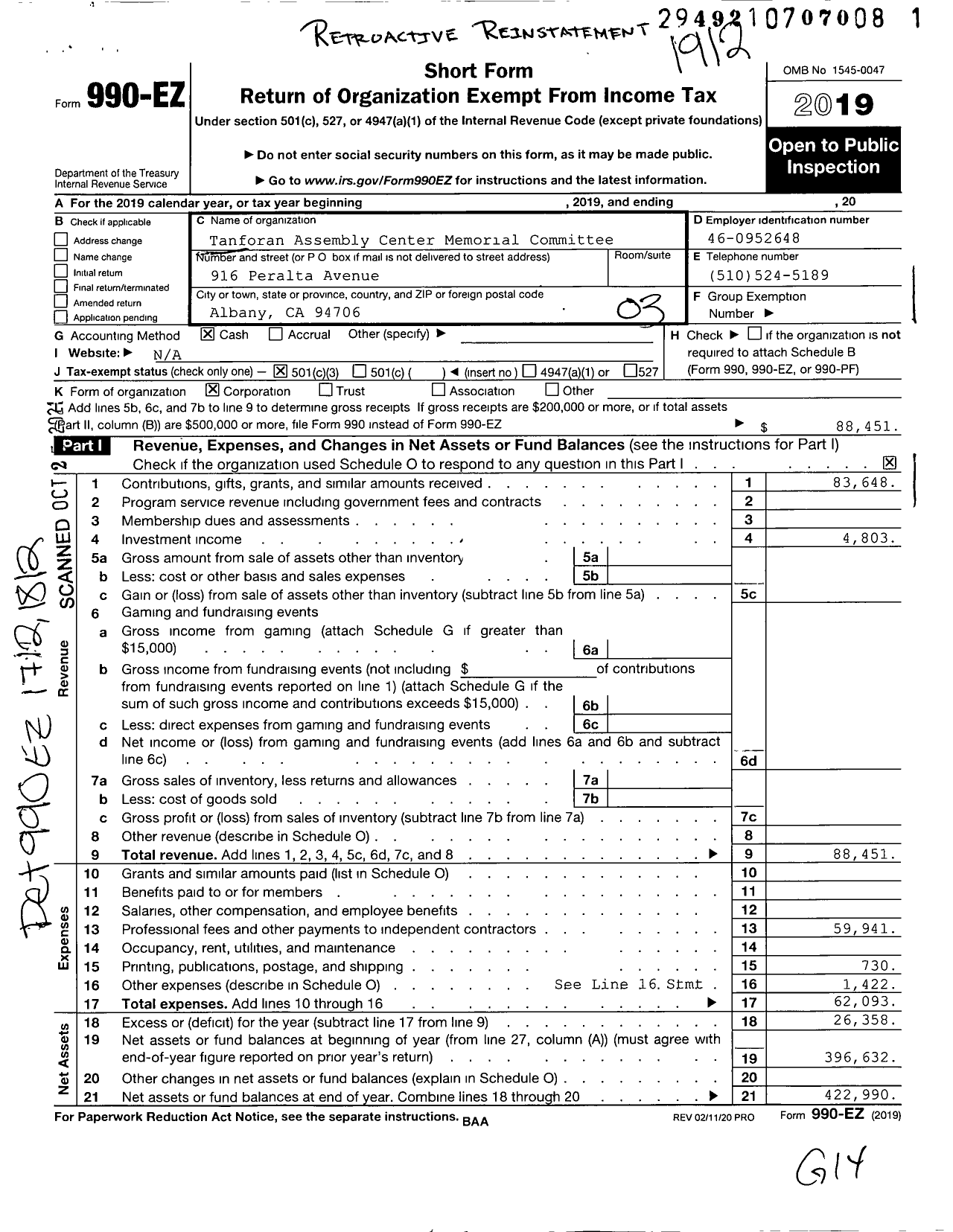 Image of first page of 2019 Form 990EZ for Tanforan Assembly Center Memorial Committee