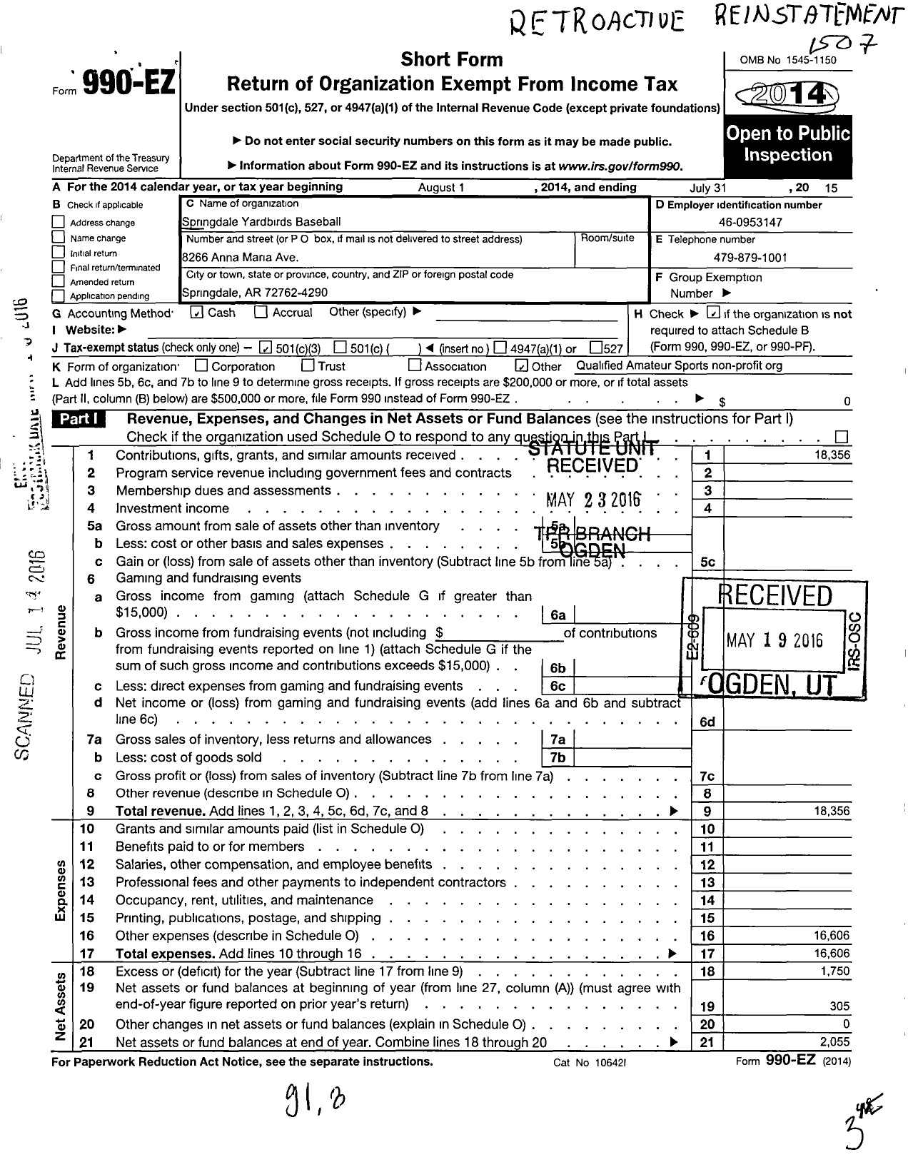 Image of first page of 2014 Form 990EZ for Springdale Yardbirds Baseball