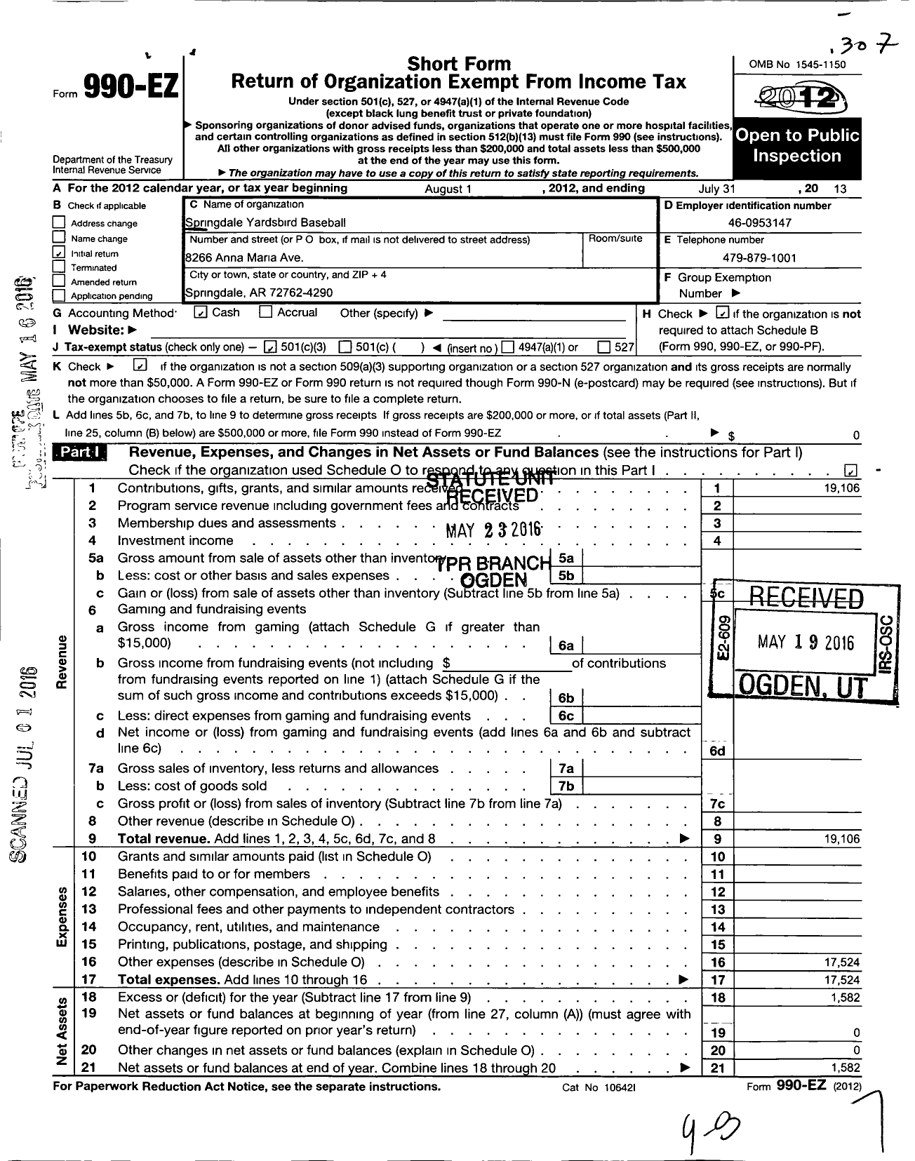 Image of first page of 2012 Form 990EZ for Springdale Yardbirds Baseball