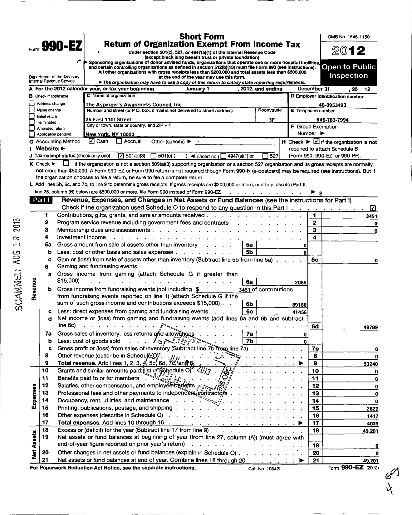 Image of first page of 2012 Form 990EZ for The Asperger's Awareness Council