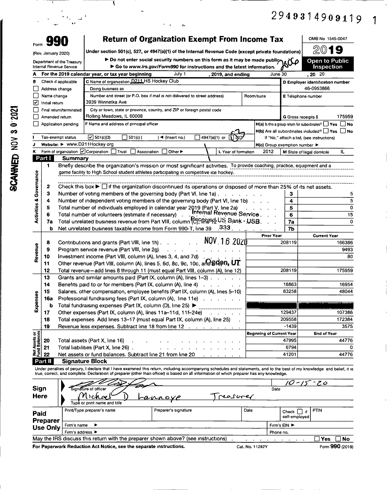 Image of first page of 2019 Form 990 for D211 High School Hockey Club