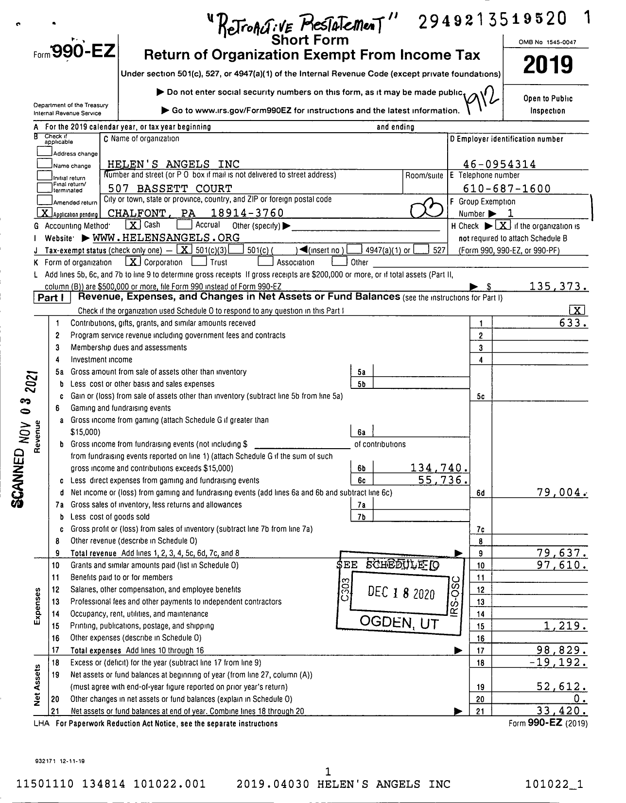 Image of first page of 2019 Form 990EZ for Helen's Angels