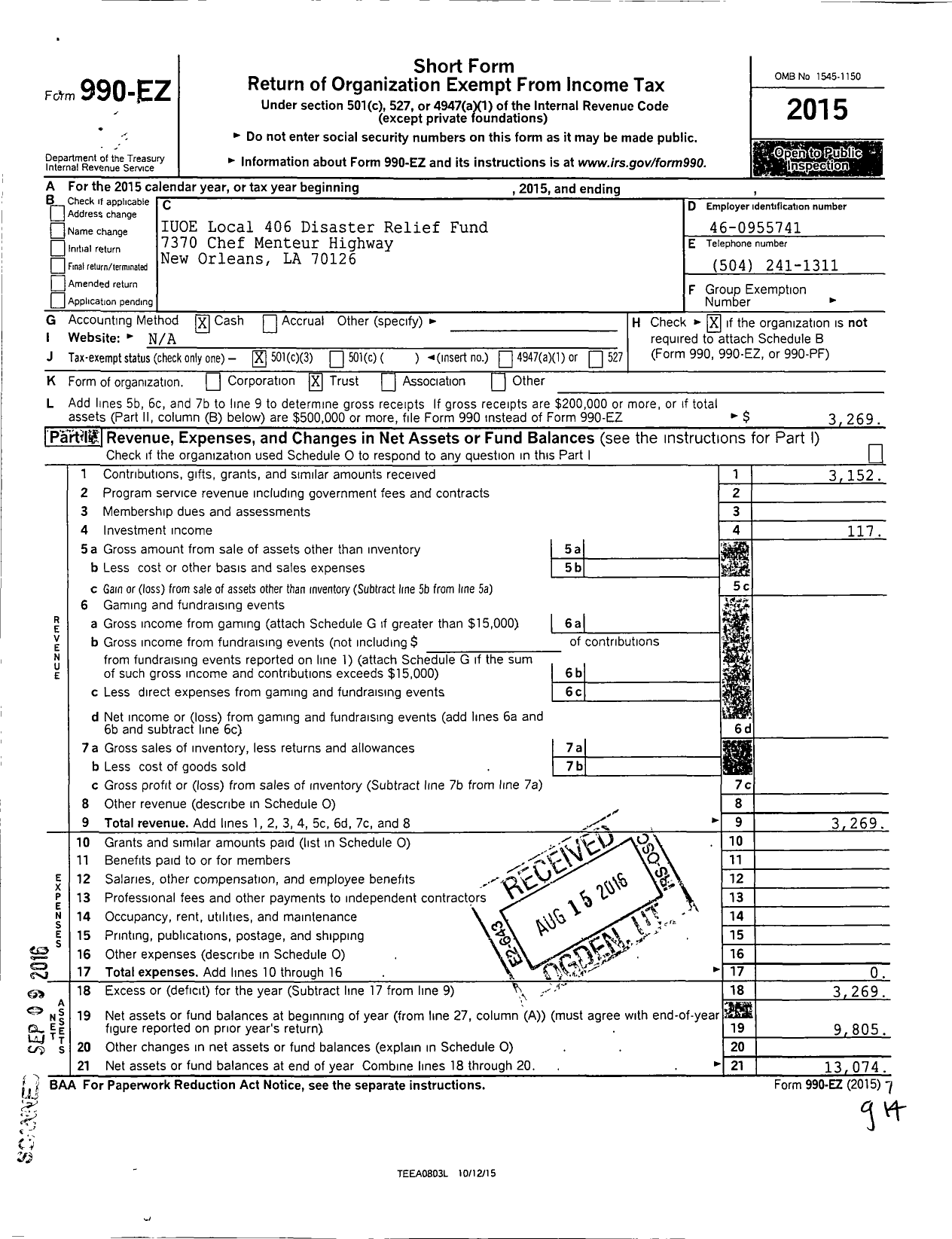 Image of first page of 2015 Form 990EZ for IUOE Local 406 Disaster Relief Fund