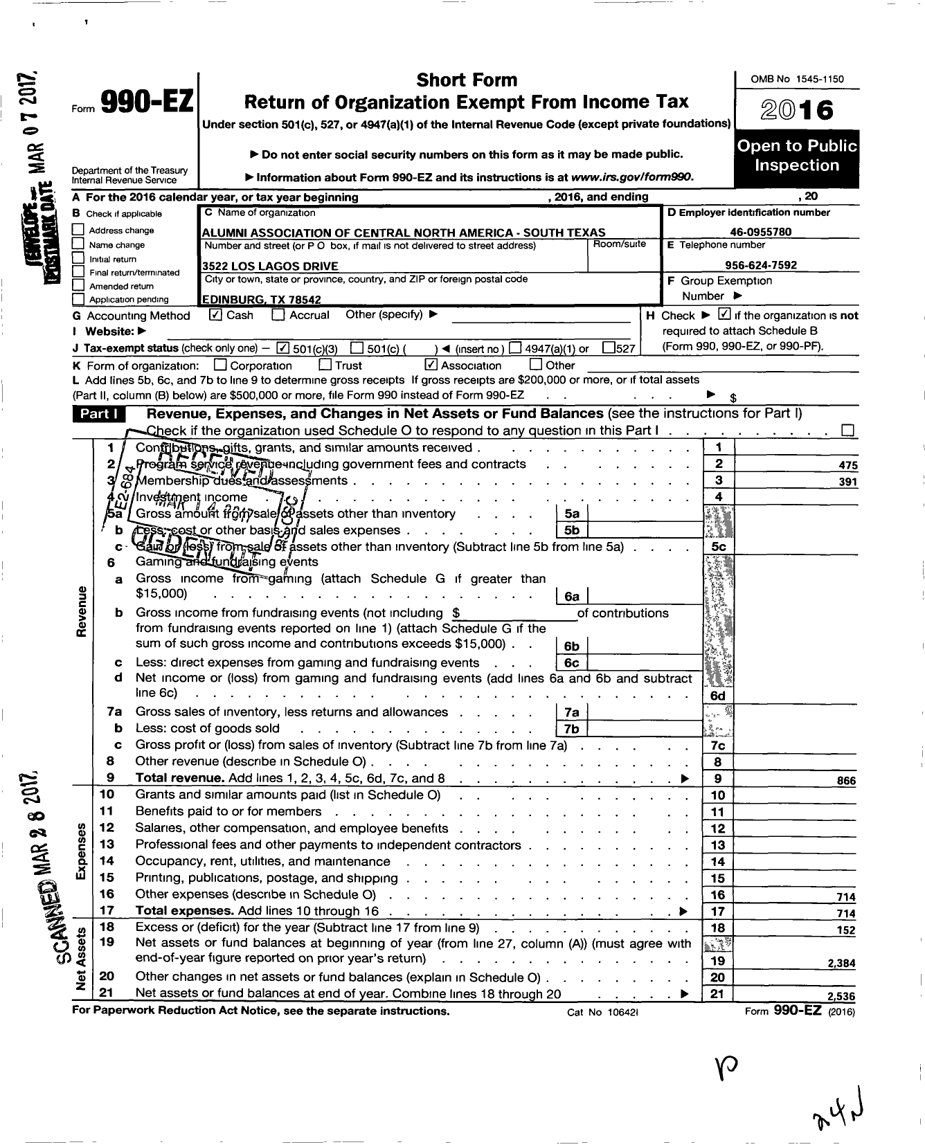 Image of first page of 2016 Form 990EZ for Alumni Association of Central North America - South Texas