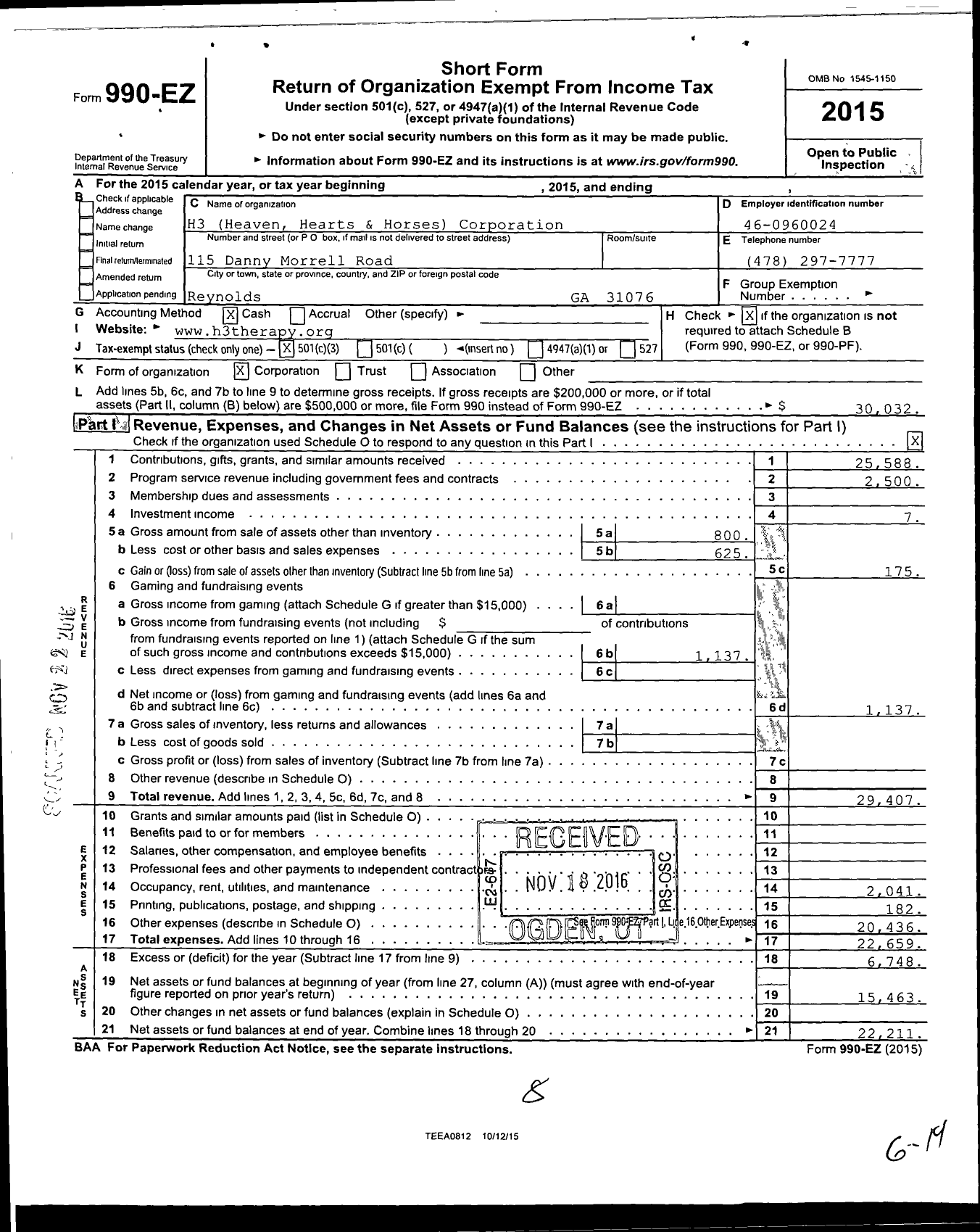 Image of first page of 2015 Form 990EZ for H3