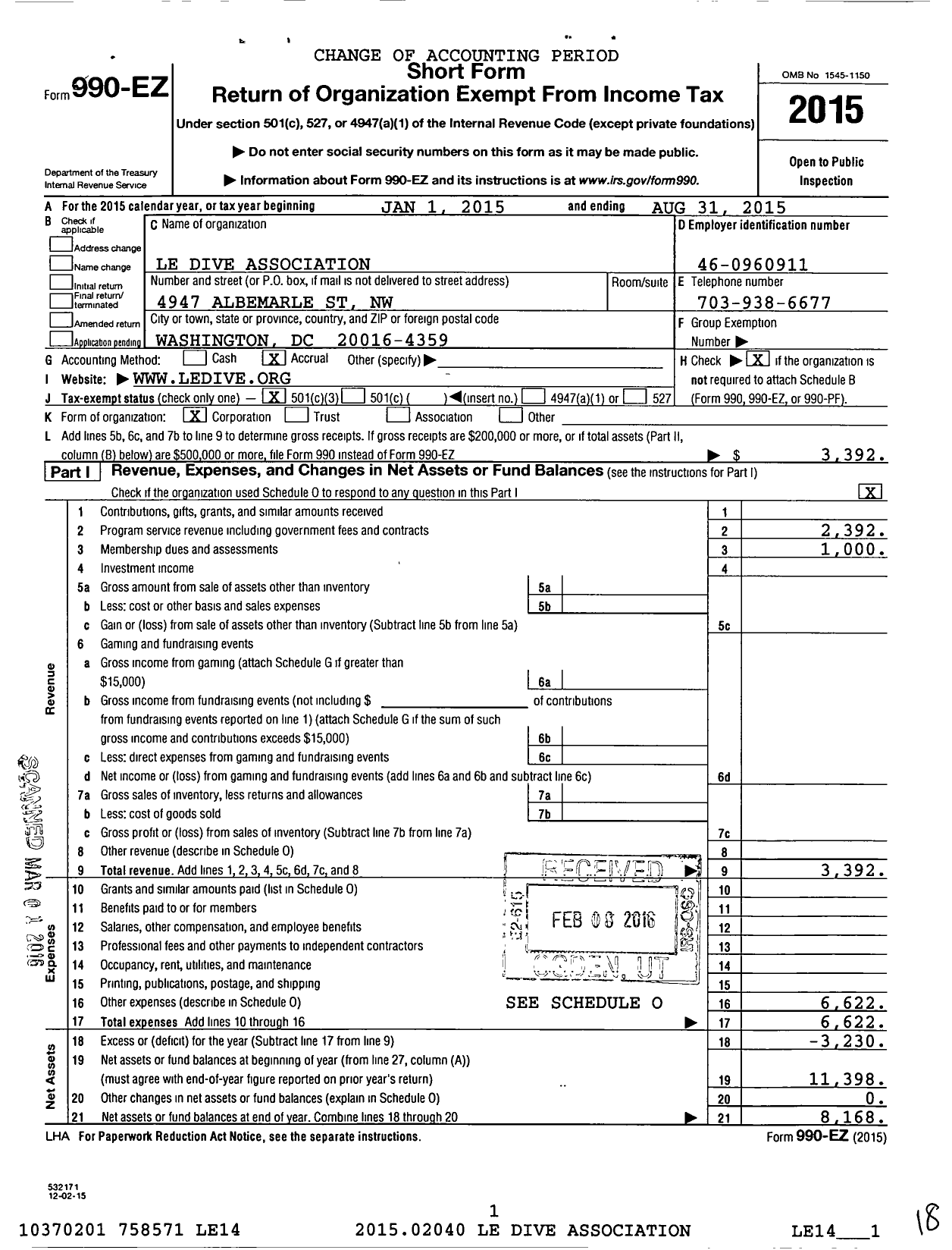 Image of first page of 2014 Form 990EZ for Le Dive