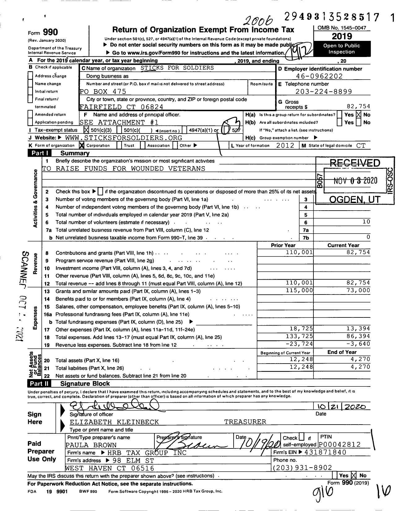 Image of first page of 2019 Form 990 for Sticks for Soldiers