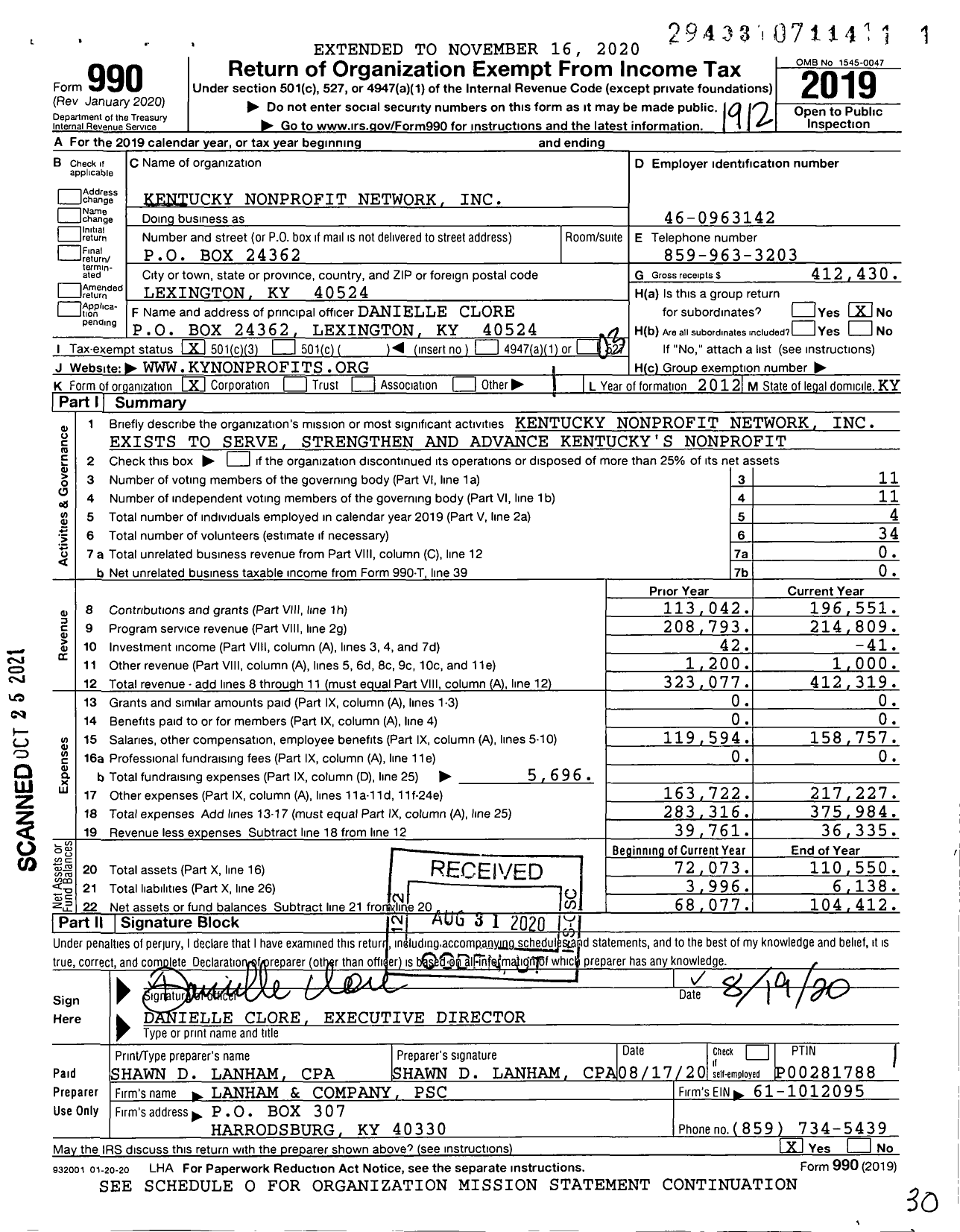 Image of first page of 2019 Form 990 for Kentucky Nonprofit Network