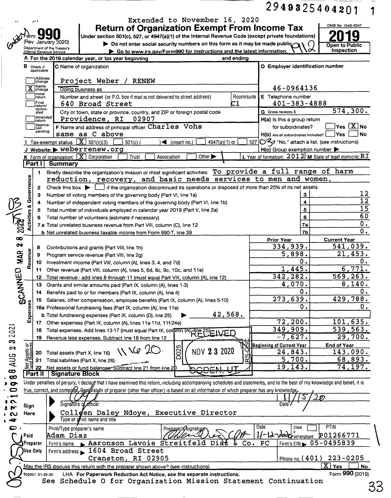 Image of first page of 2019 Form 990 for Project WeberRENEW