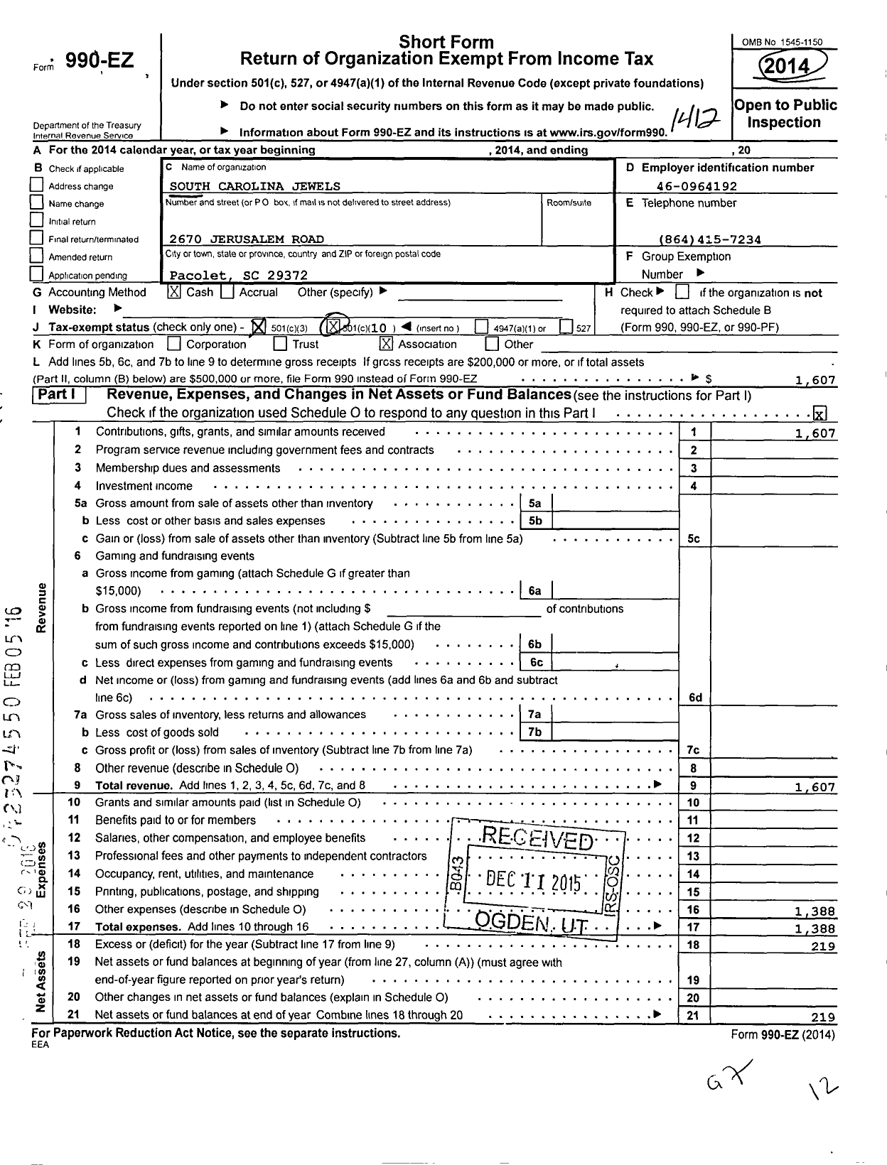 Image of first page of 2014 Form 990EZ for South Carolina Jewels