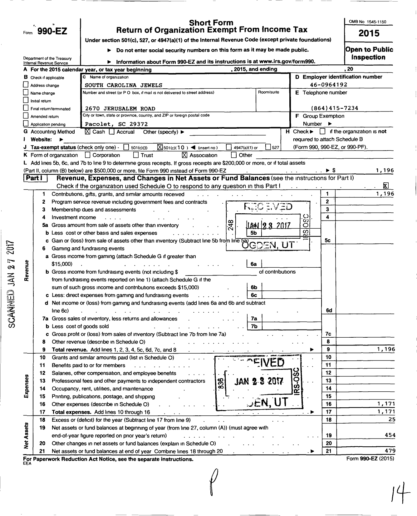 Image of first page of 2015 Form 990EO for South Carolina Jewels