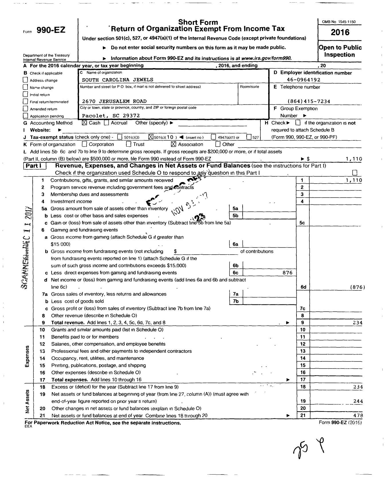 Image of first page of 2016 Form 990EO for South Carolina Jewels