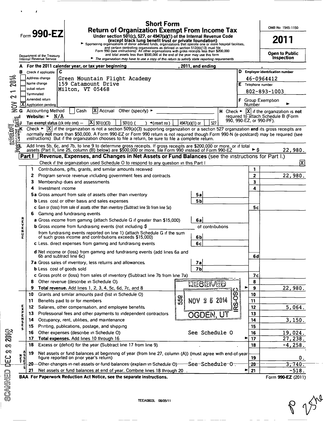 Image of first page of 2011 Form 990EZ for Green Mountain Flight Academy