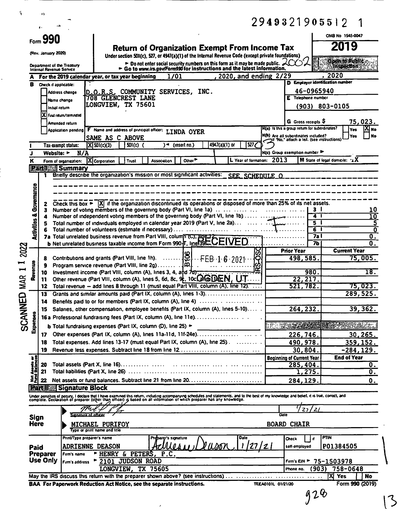 Image of first page of 2019 Form 990 for D O R S Community Services