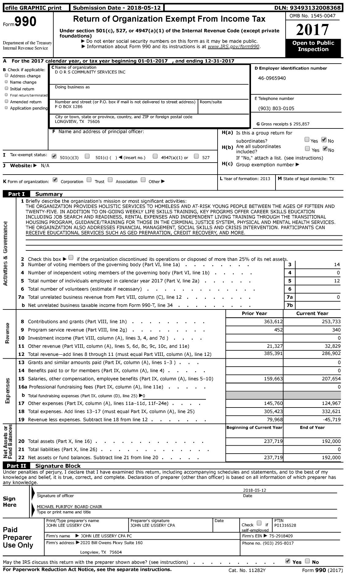 Image of first page of 2017 Form 990 for D O R S Community Services