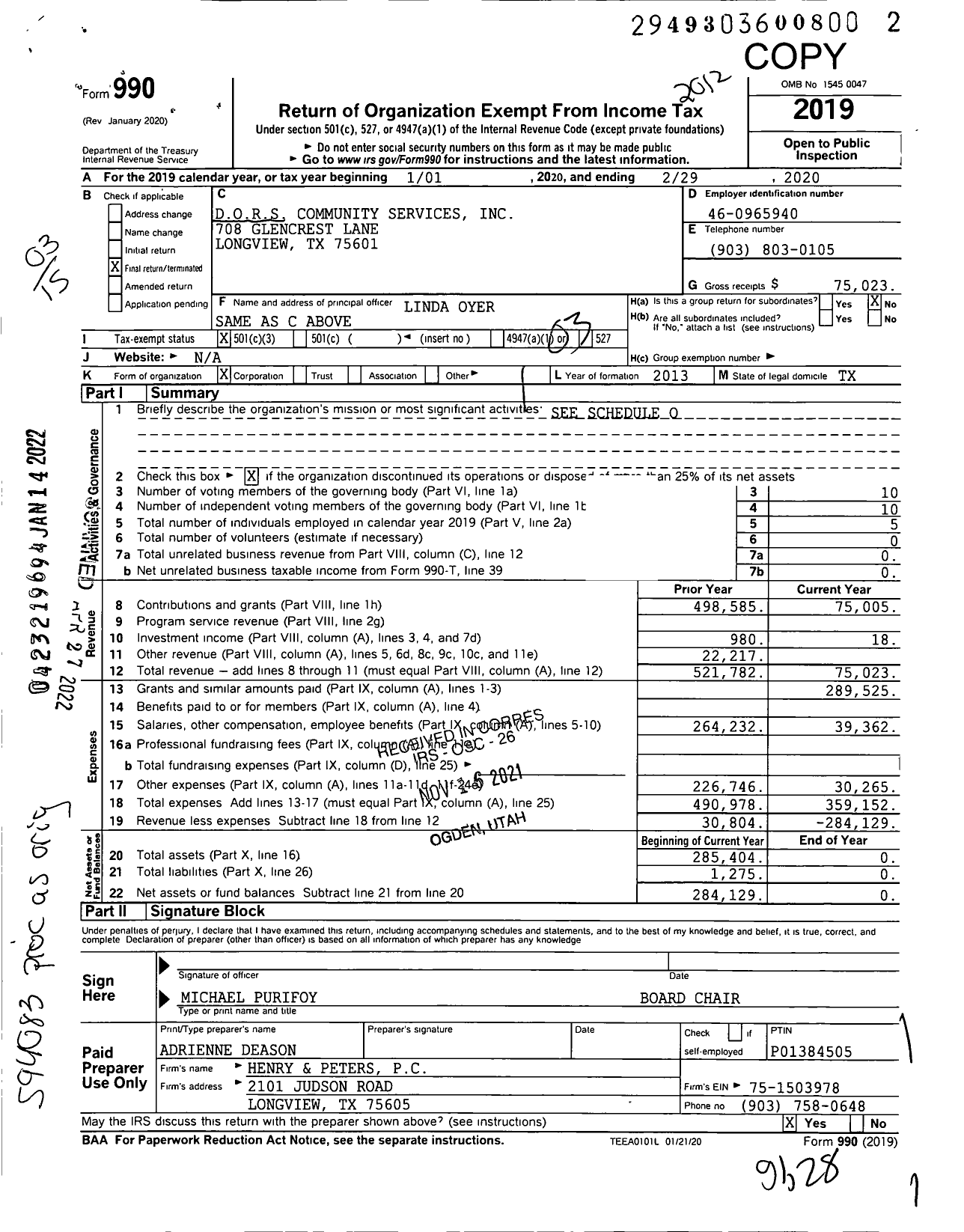 Image of first page of 2020 Form 990 for D O R S Community Services