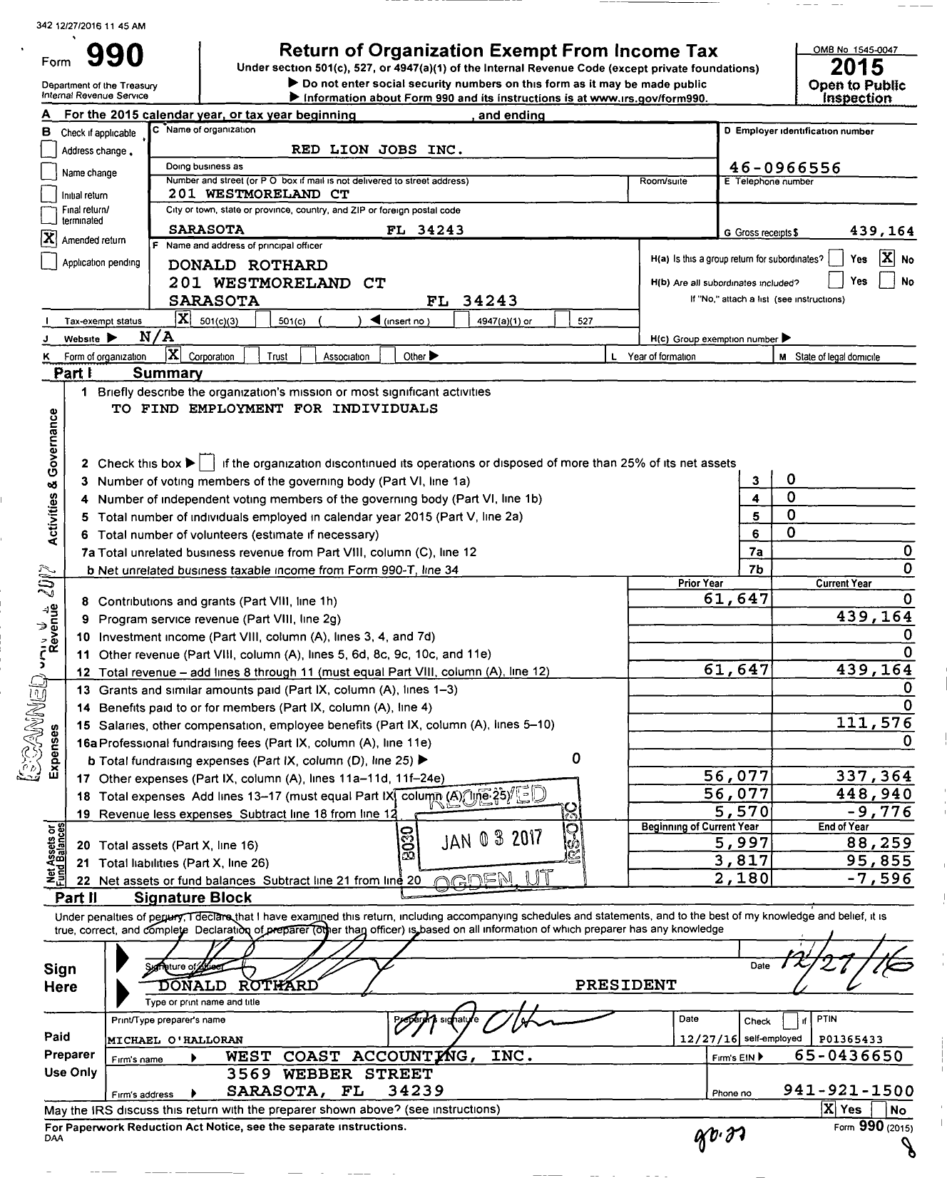 Image of first page of 2015 Form 990 for Red Lion Jobs