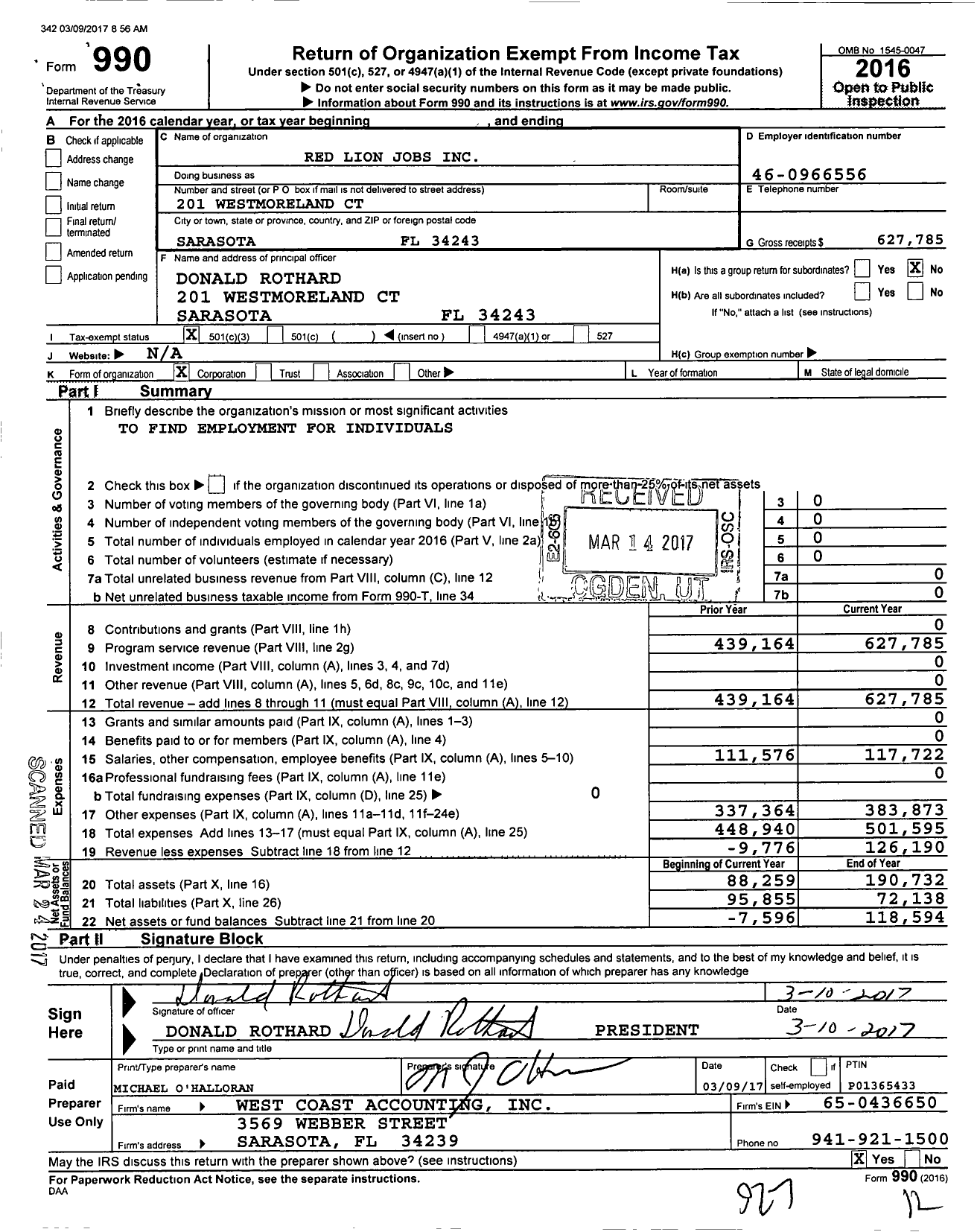 Image of first page of 2016 Form 990 for Red Lion Jobs