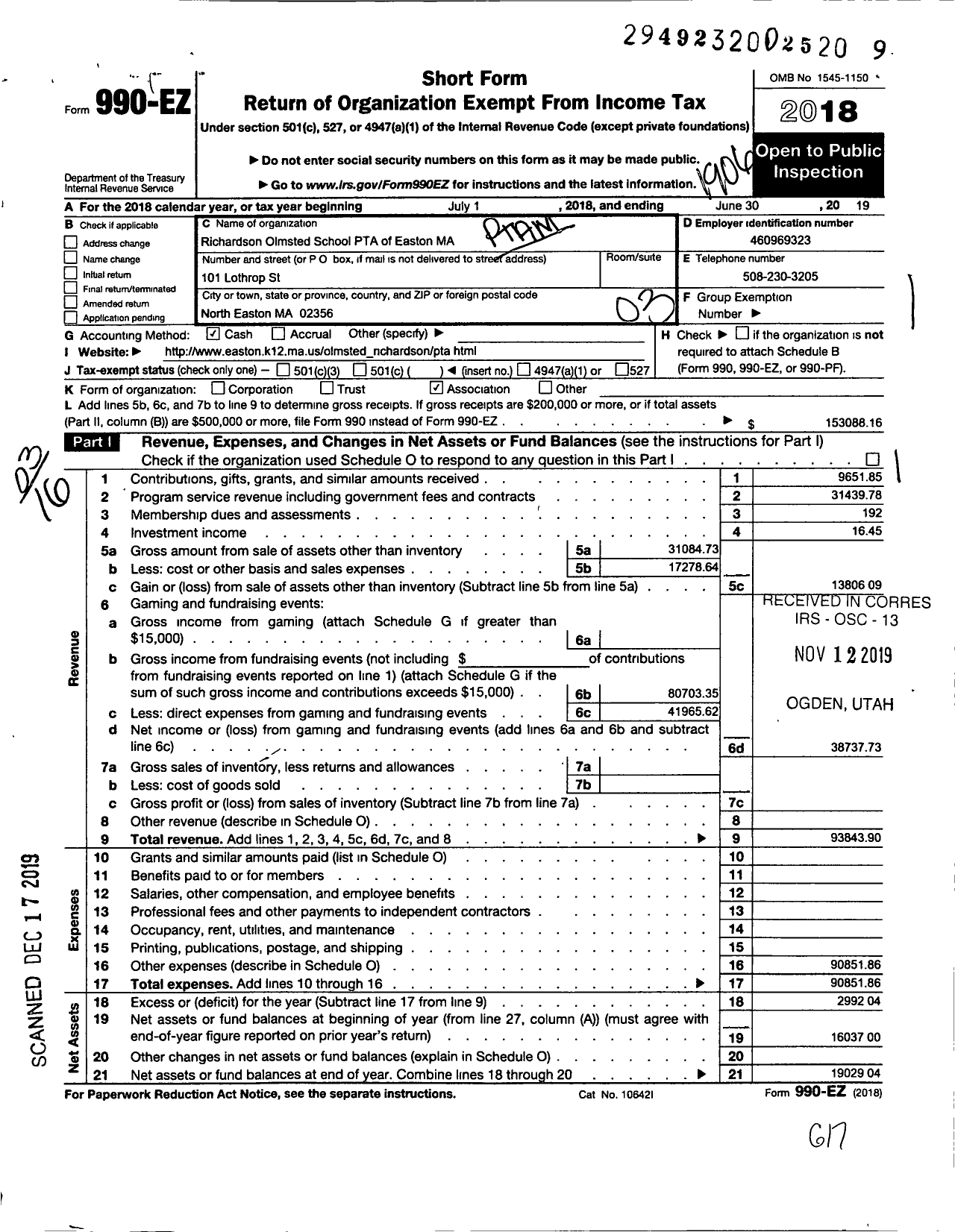 Image of first page of 2018 Form 990EZ for Richardson Olmsted School PTA