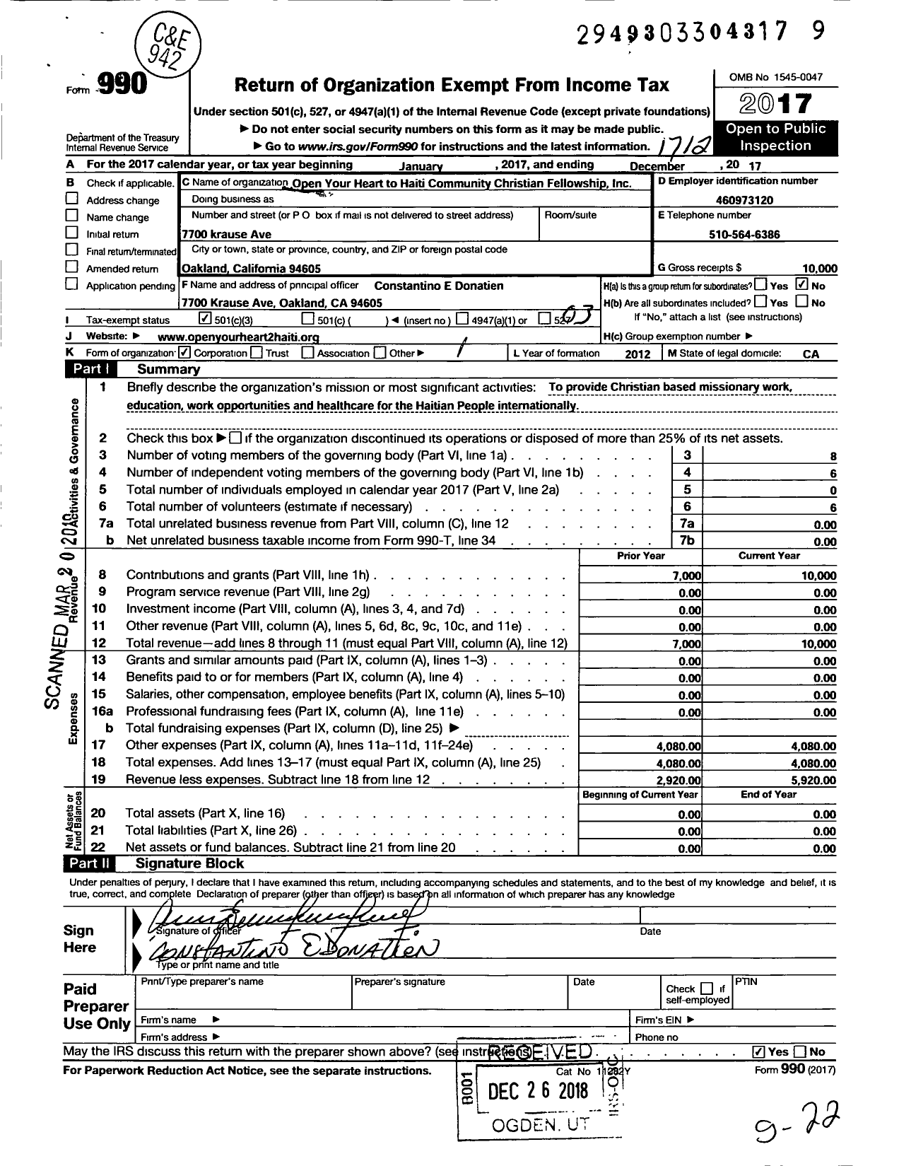 Image of first page of 2017 Form 990 for Open Your Heart To Haiti Christian Community Fellowship