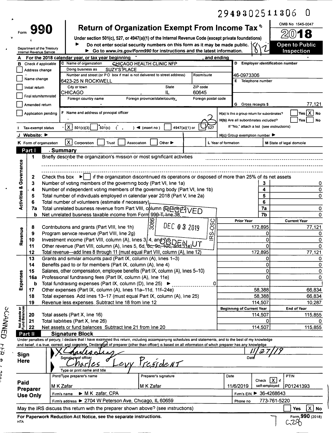 Image of first page of 2018 Form 990 for Suzy's Place