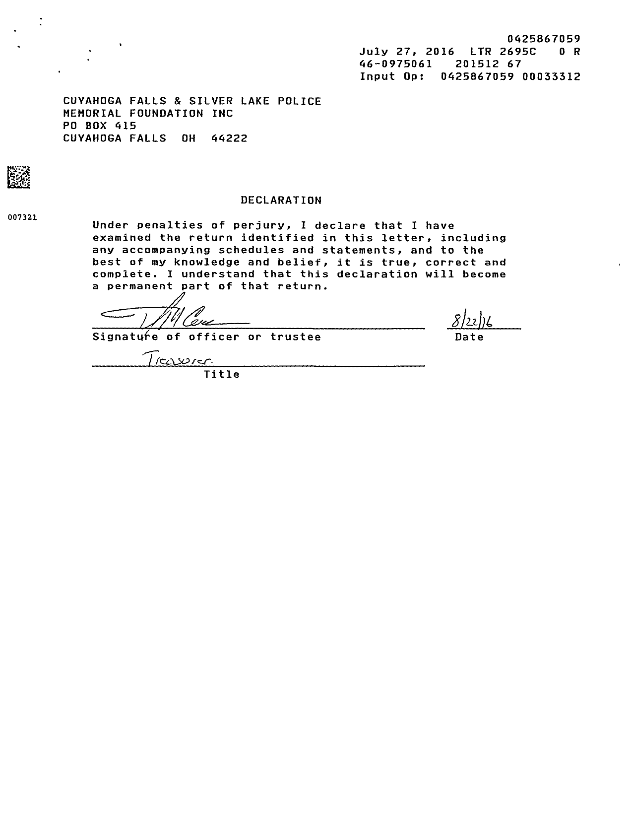 Image of first page of 2015 Form 990ER for Cuyahoga Falls and Silver Lake Police Memorial Foundation